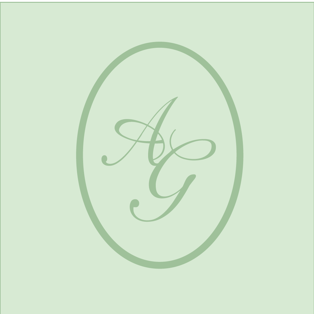 A monogram logo with AG initials in sage green cursive script centered on a light mint green square background.