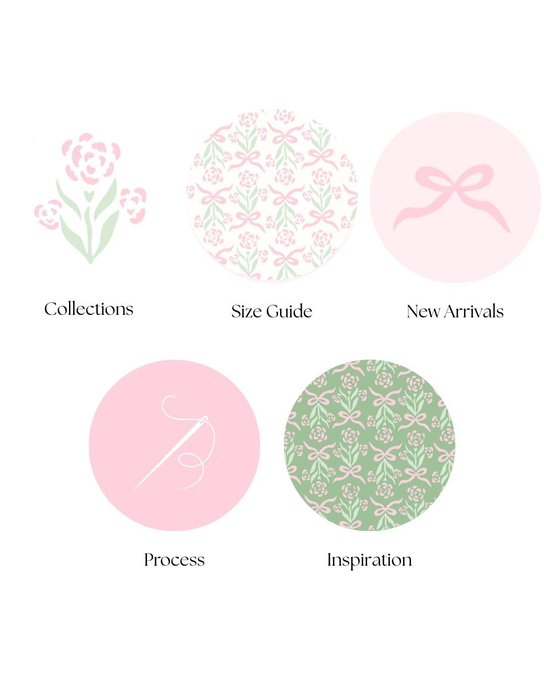 Delicate pink and mint green floral design elements arranged in circular patterns for website navigation icons.