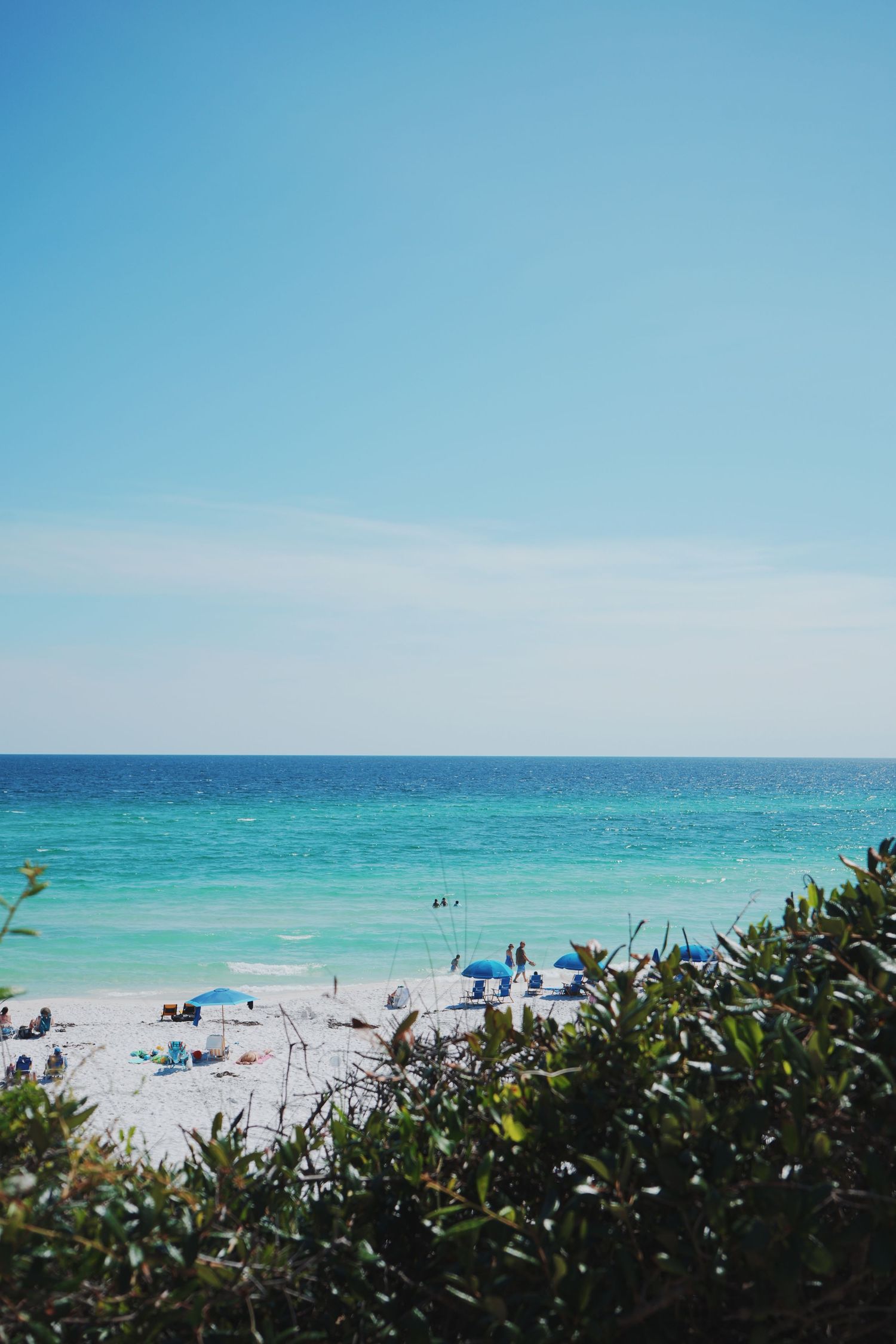 Turquoise ocean waters and white sand beach viewed through coastal vegetation.