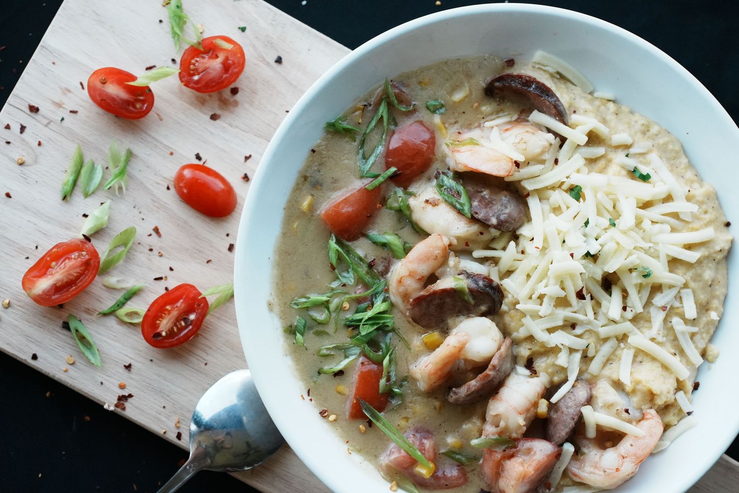 Mushroom orzo pasta with cherry tomatoes and fresh herbs shown in progress from ingredients to final plated dish.
