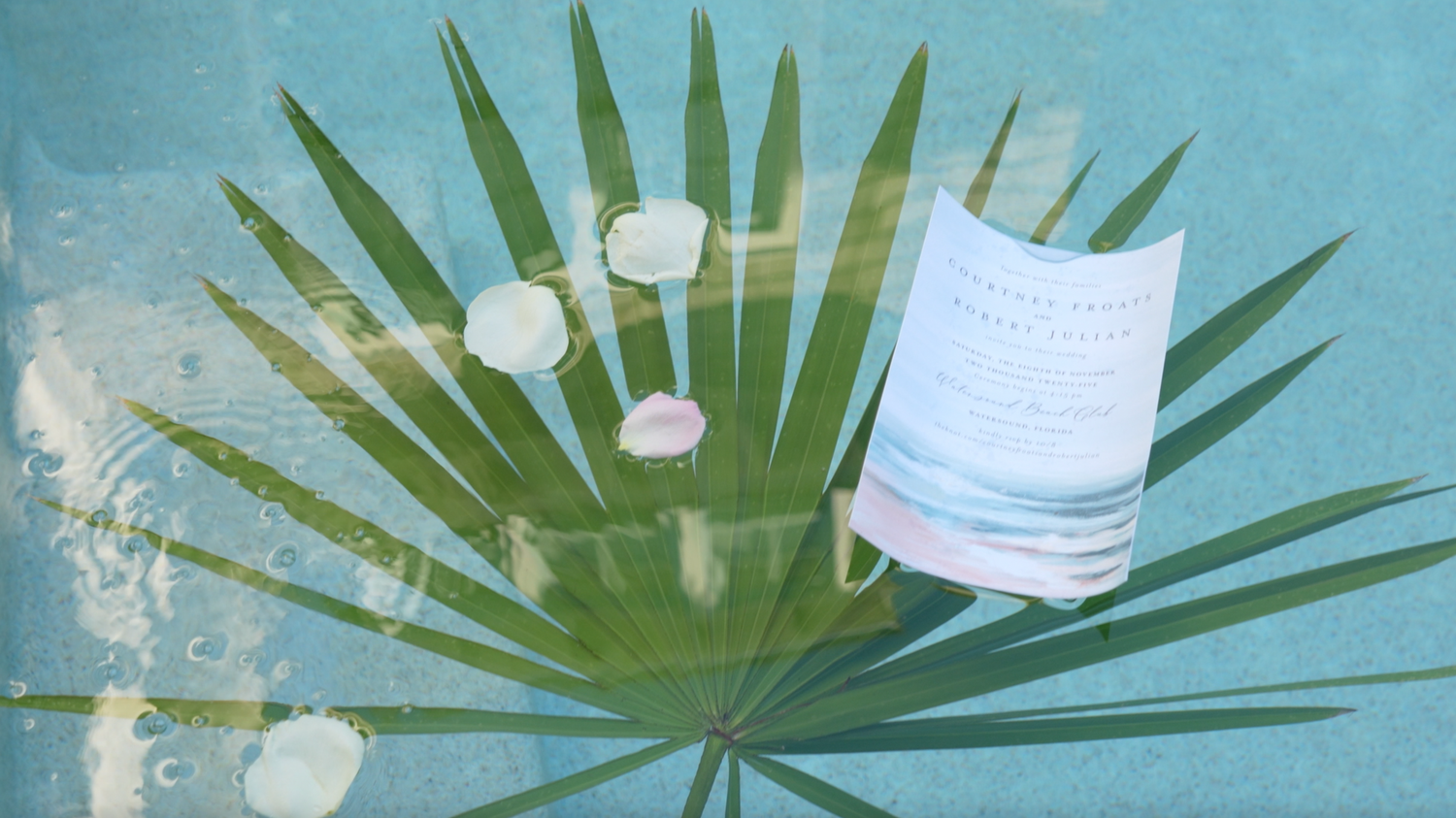 White skincare product bottle displayed against tropical palm fronds on a blue background.