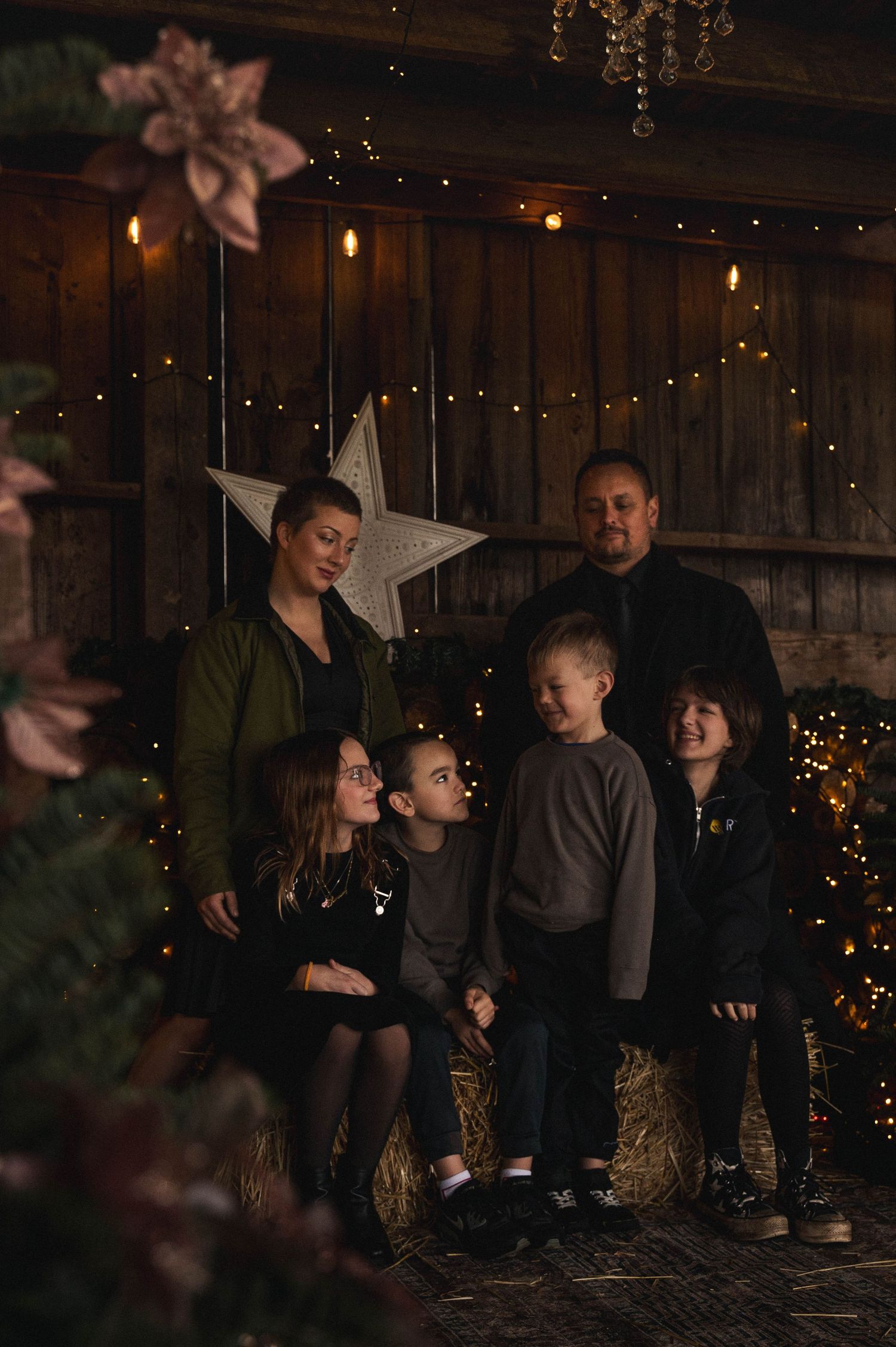 Family of 6 sitting in a rustic barn under festive, holiday, twinkle lights in SIlverton, Oregon.