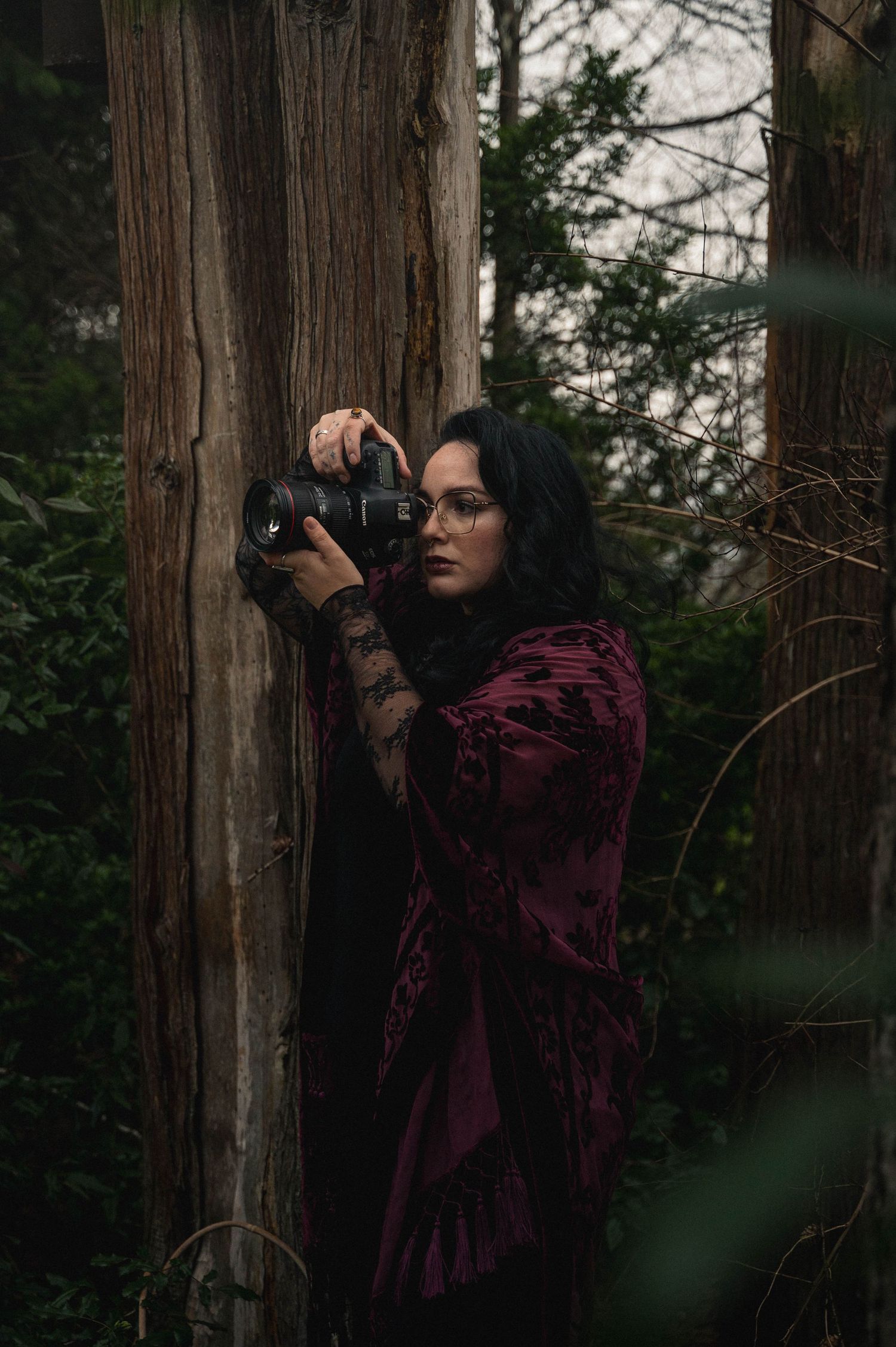 A photographer in a burgundy velvet wrap takes photos in a moody forest setting among tall trees.