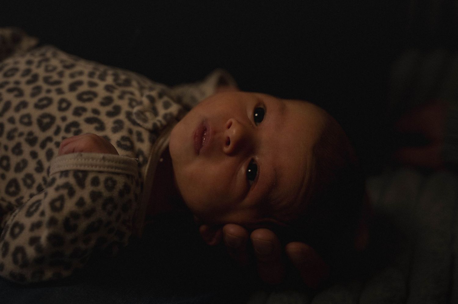 A baby wearing a leopard print onesie lies on a dark surface in moody lighting.