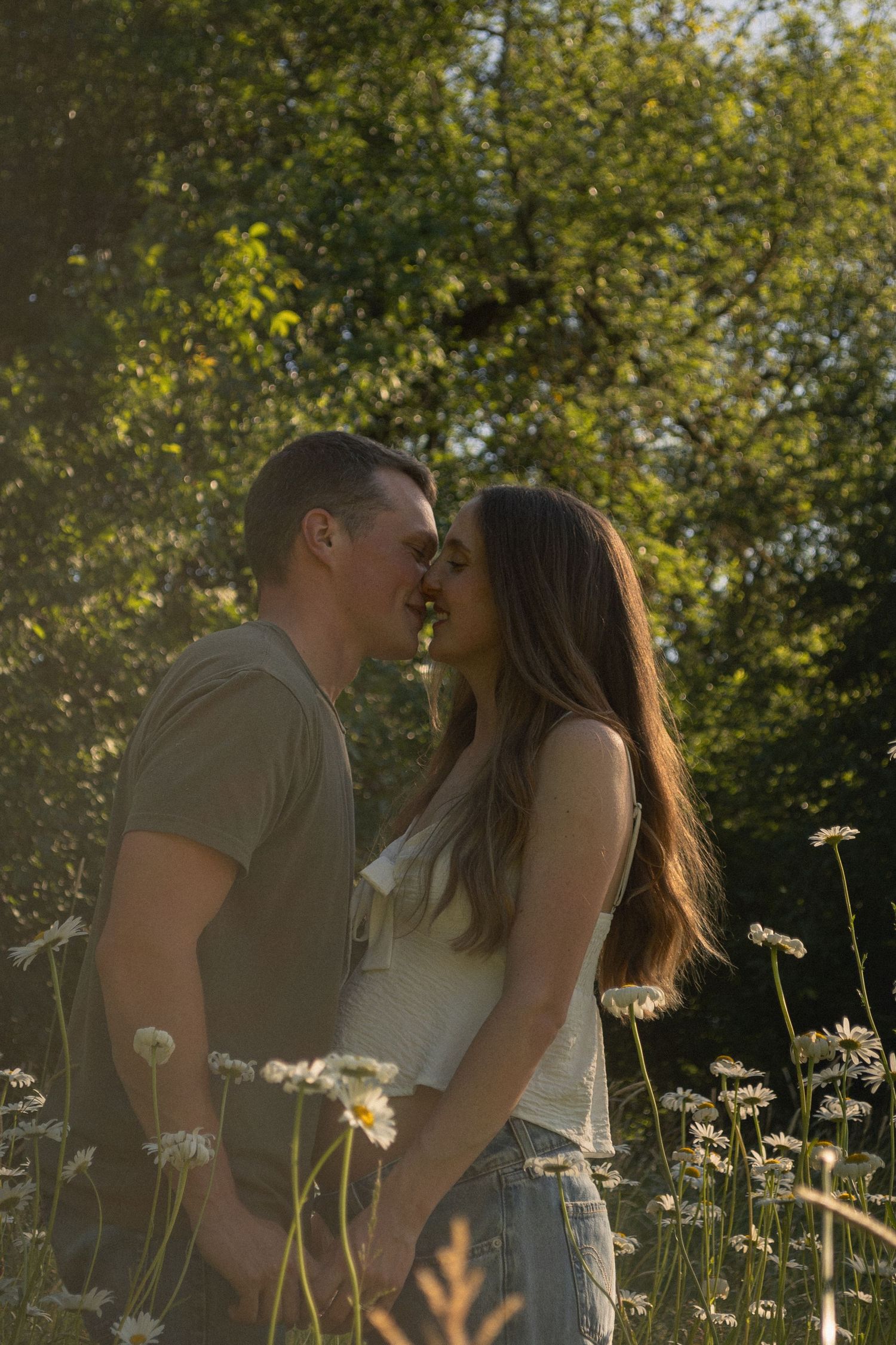 A couple shares a romantic kiss in a sunlit meadow with blooming dandelions and trees in the background.