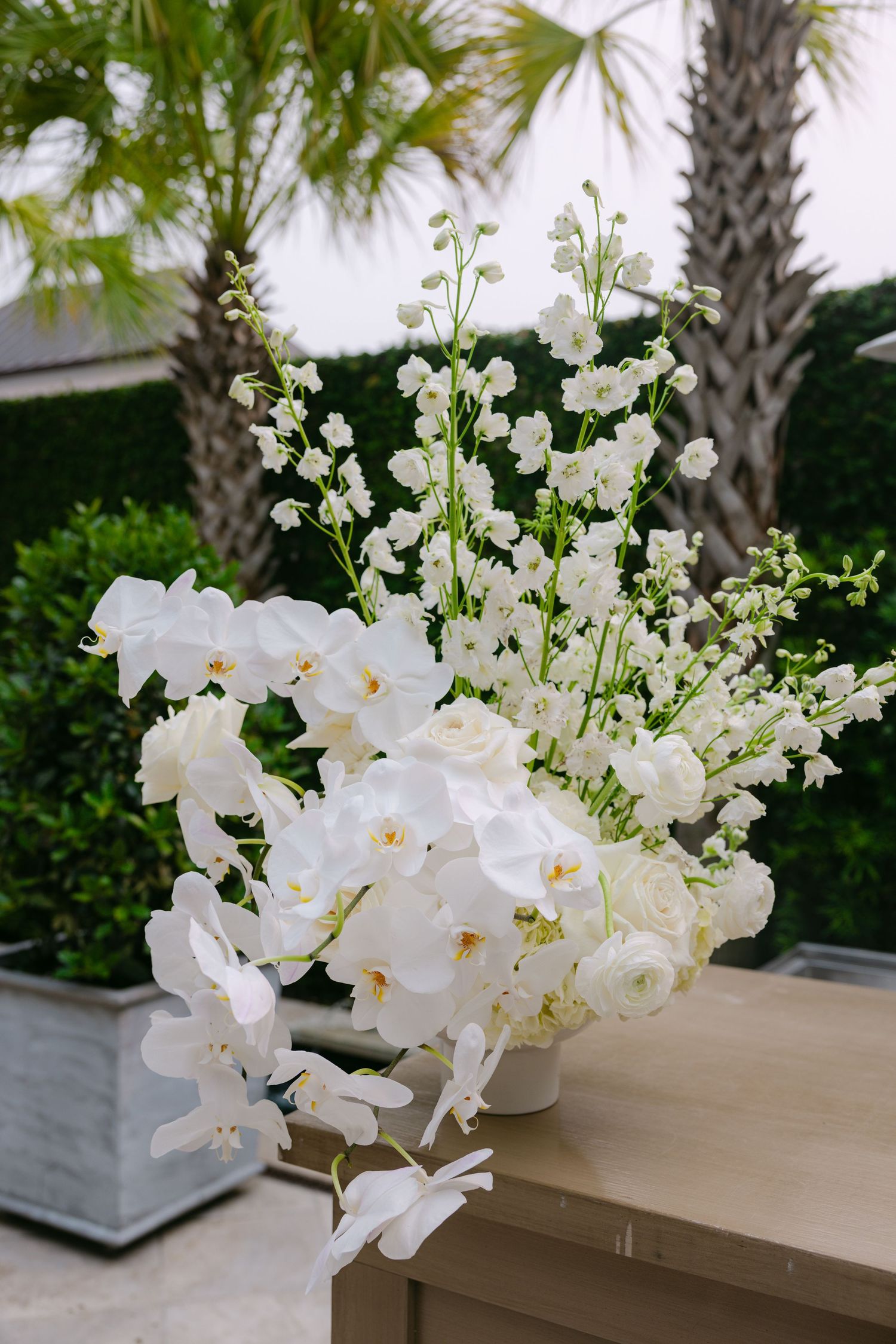 Elegant white orchids and delicate floral arrangements displayed outdoors with palm trees in the background.