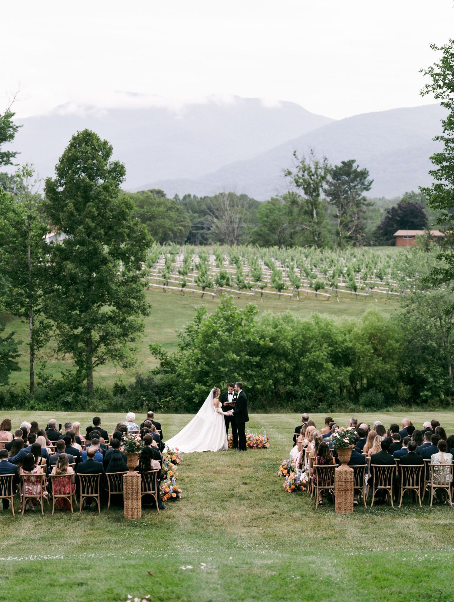 Outdoor wedding ceremony with bride and groom at altar, vineyard and snow-capped mountains backdrop, guests seated on wooden chairs.