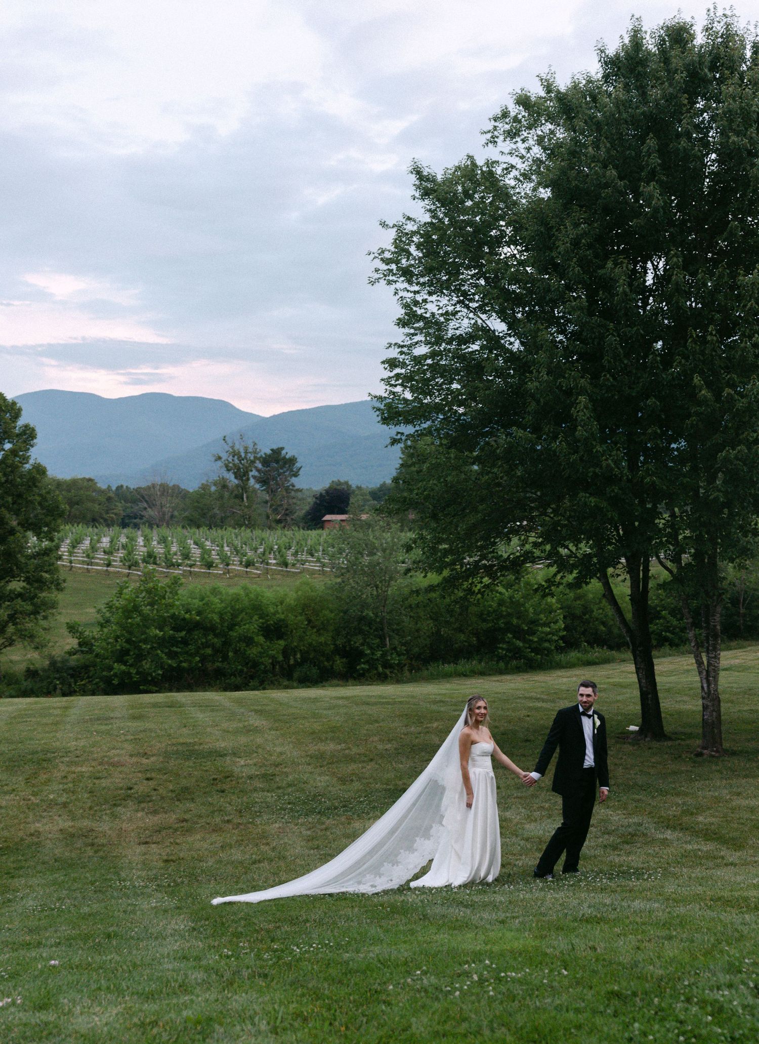 Bride and groom walk hand in hand across green lawn at sunset with mountain and vineyard views.