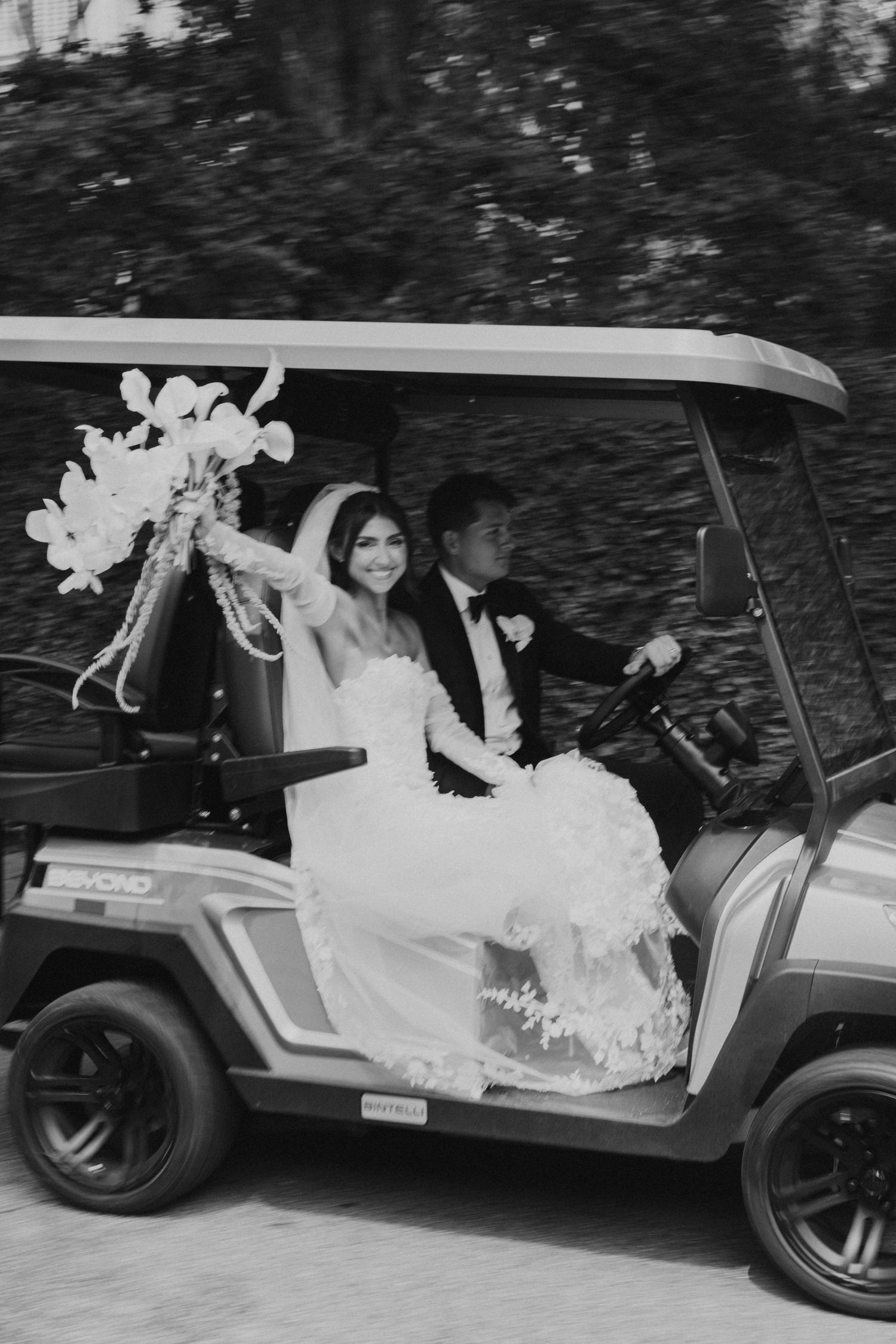 Black and white photo sequence shows playful moments of newlyweds in a golf cart.