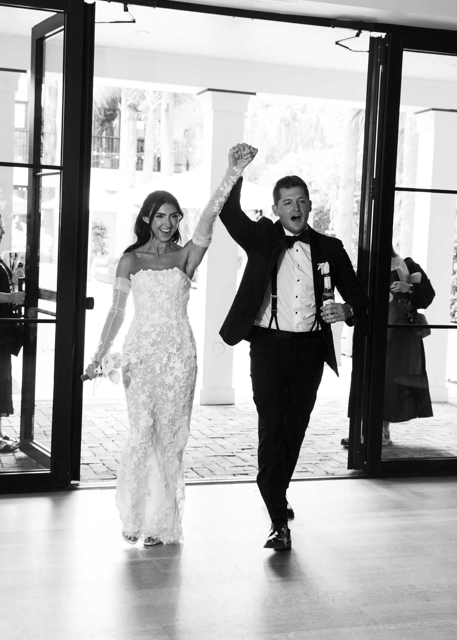 Sequence of joyful wedding party entrance moments captured at indoor venue.