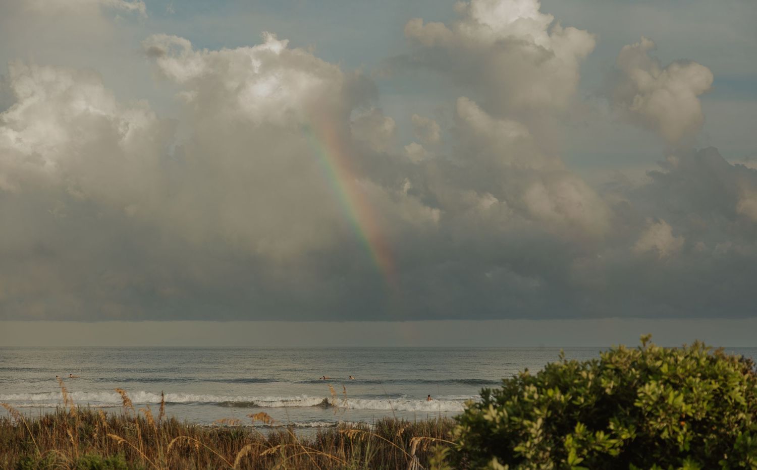 A dramatic panoramic view of a cloudy beach landscape with crashing waves and lush coastal vegetation.