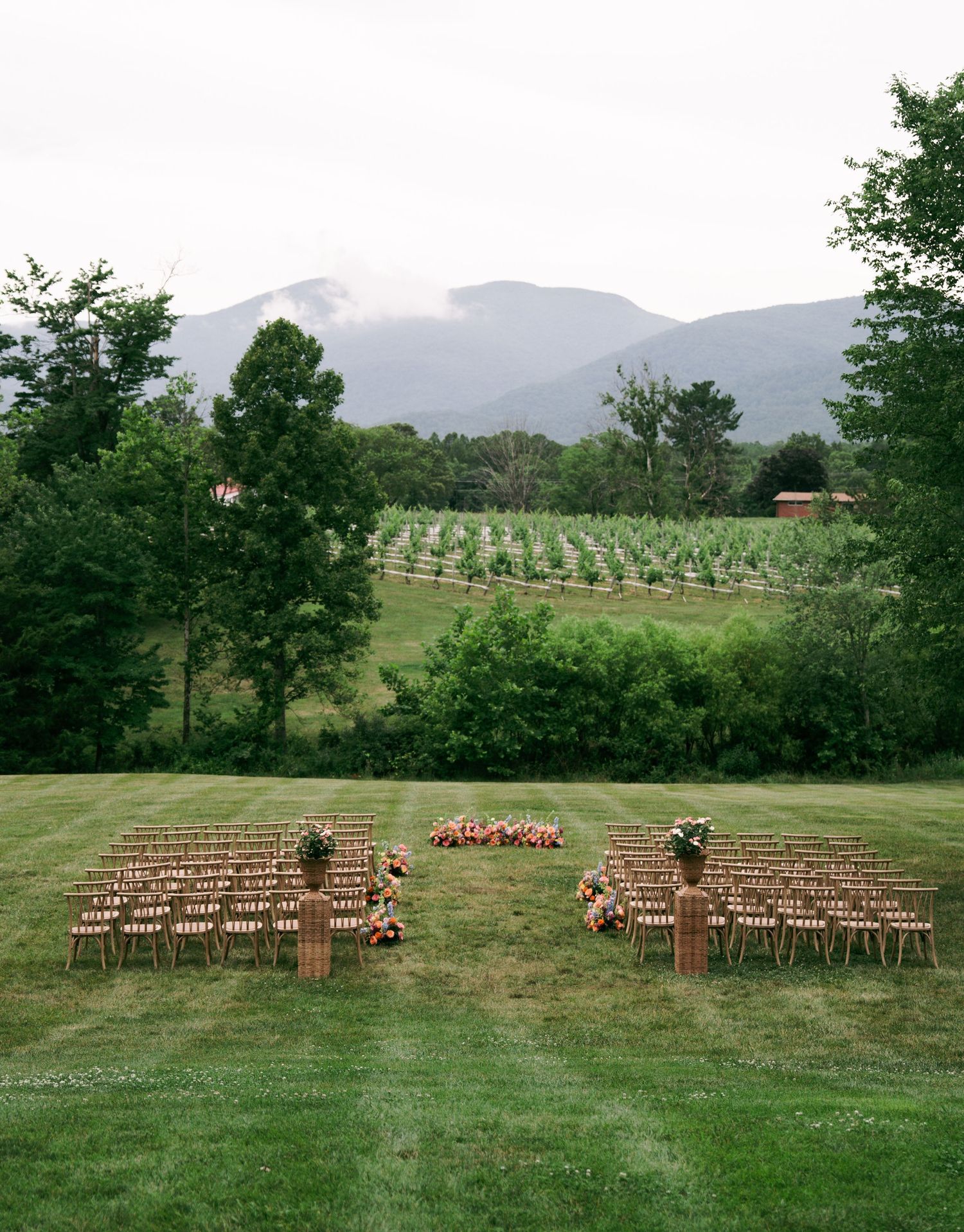 Outdoor wedding ceremony setup with wooden chairs on green lawn, floral arrangements, vineyard, and misty mountain backdrop.
