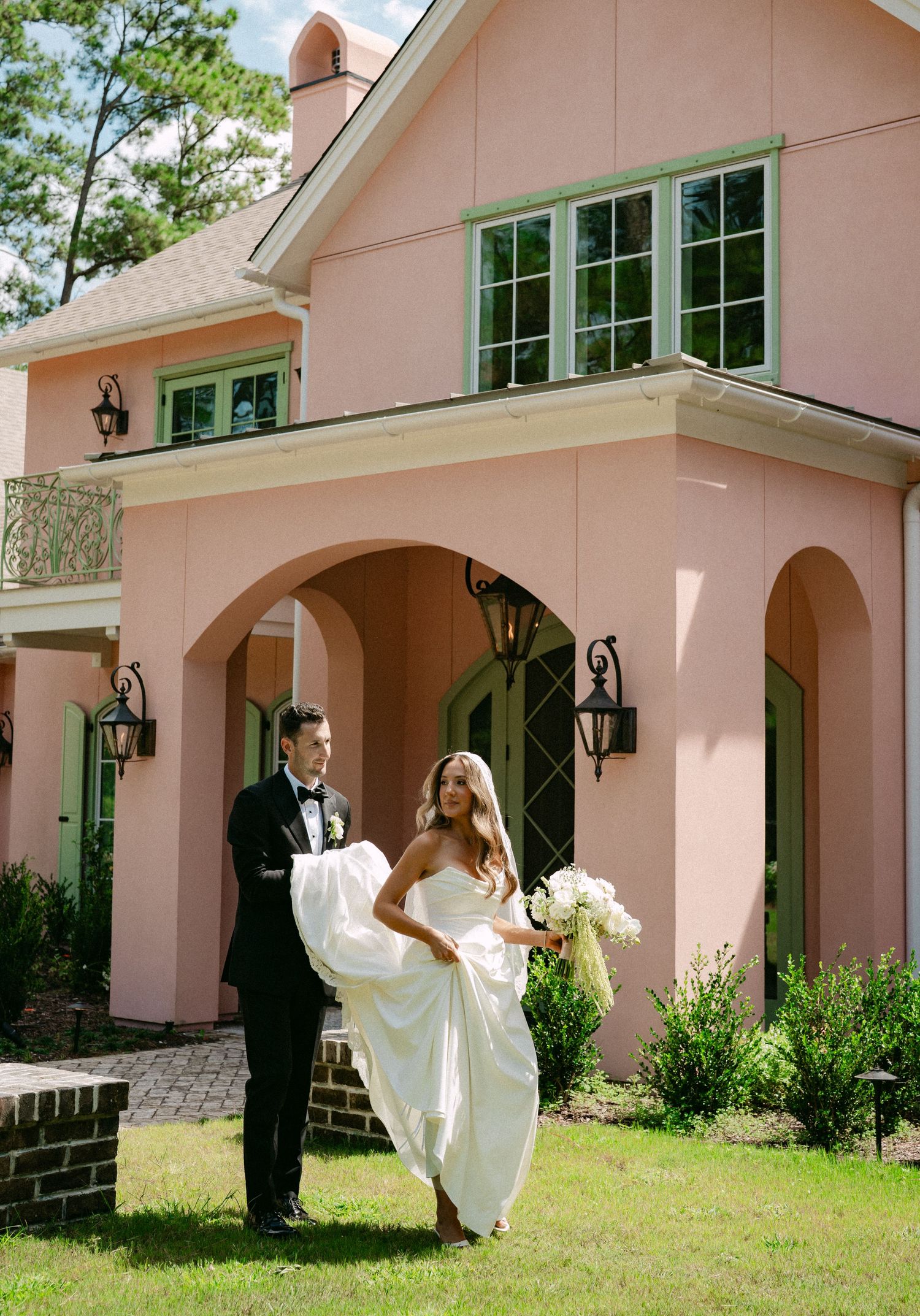 A series of photos showing a pink chapel exterior with white trim and lantern lights surrounded by green trees.