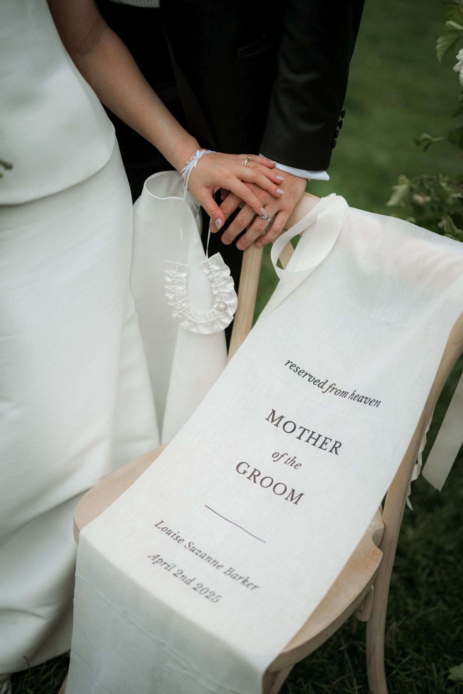 Reserved Mother of the Groom memorial chair sash with name Louise Suzanne Barker, April 2nd 2025.