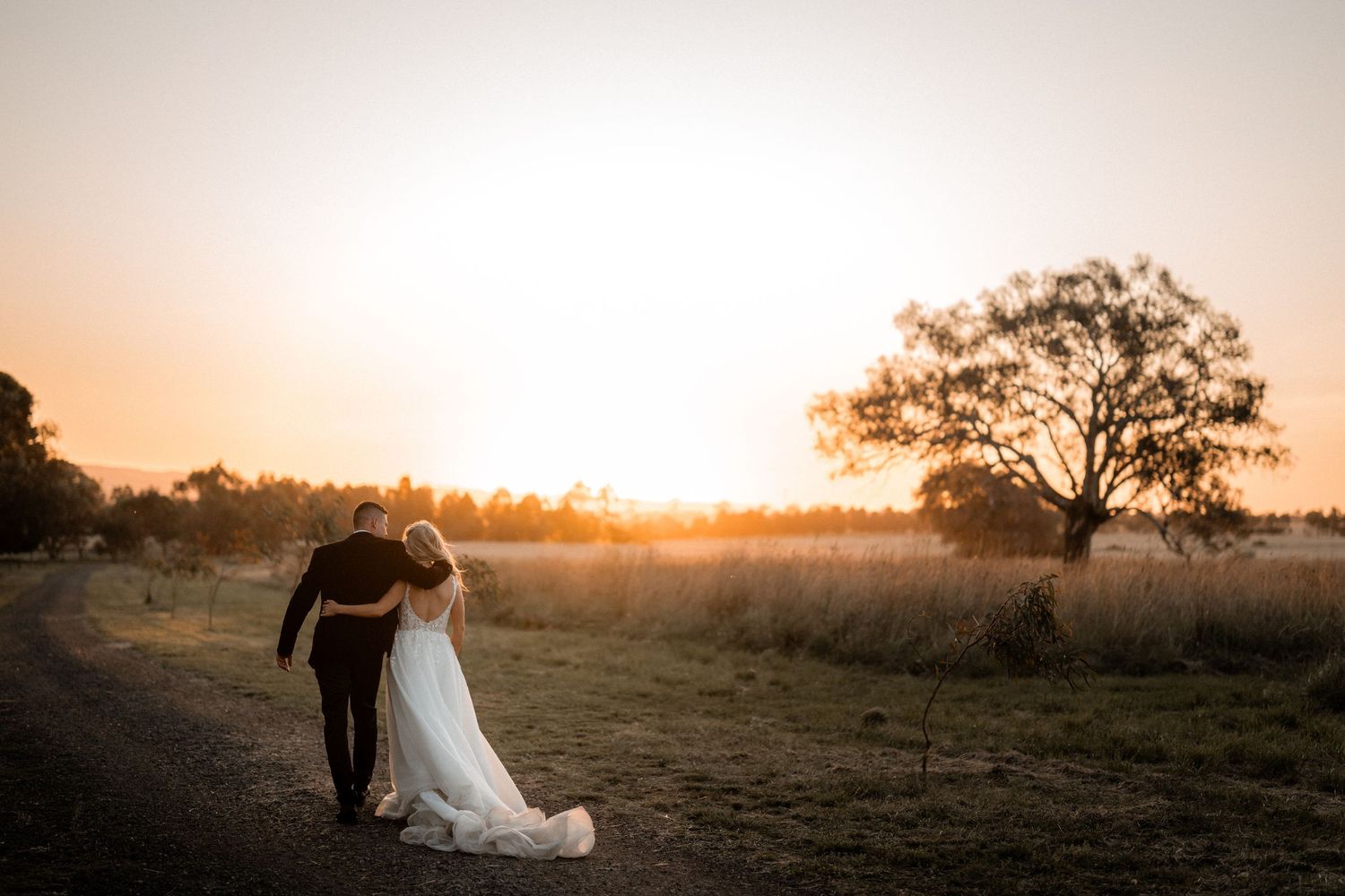 A couple walking hand in hand through a rural field at sunset with a tree silhouetted against the golden sky.