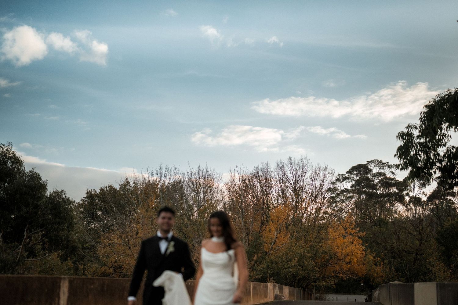 Panoramic wedding portrait silhouettes against autumn sky and trees.