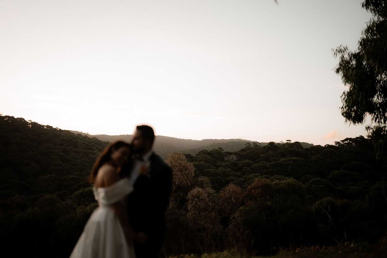 A silhouetted wedding couple embraces against a sunset sky over rolling hills.