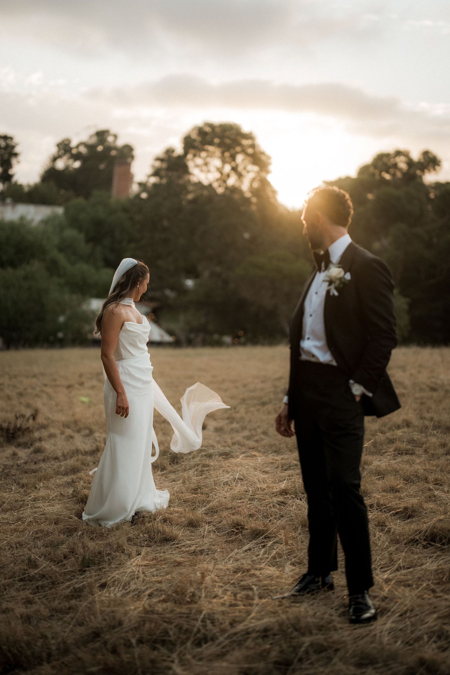 Newlyweds pose together in a golden field at sunset creating romantic silhouettes.