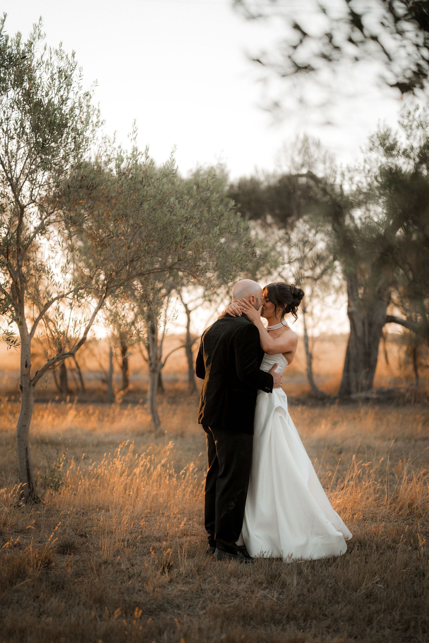 Romantic sunset portrait in an olive grove during golden hour.
