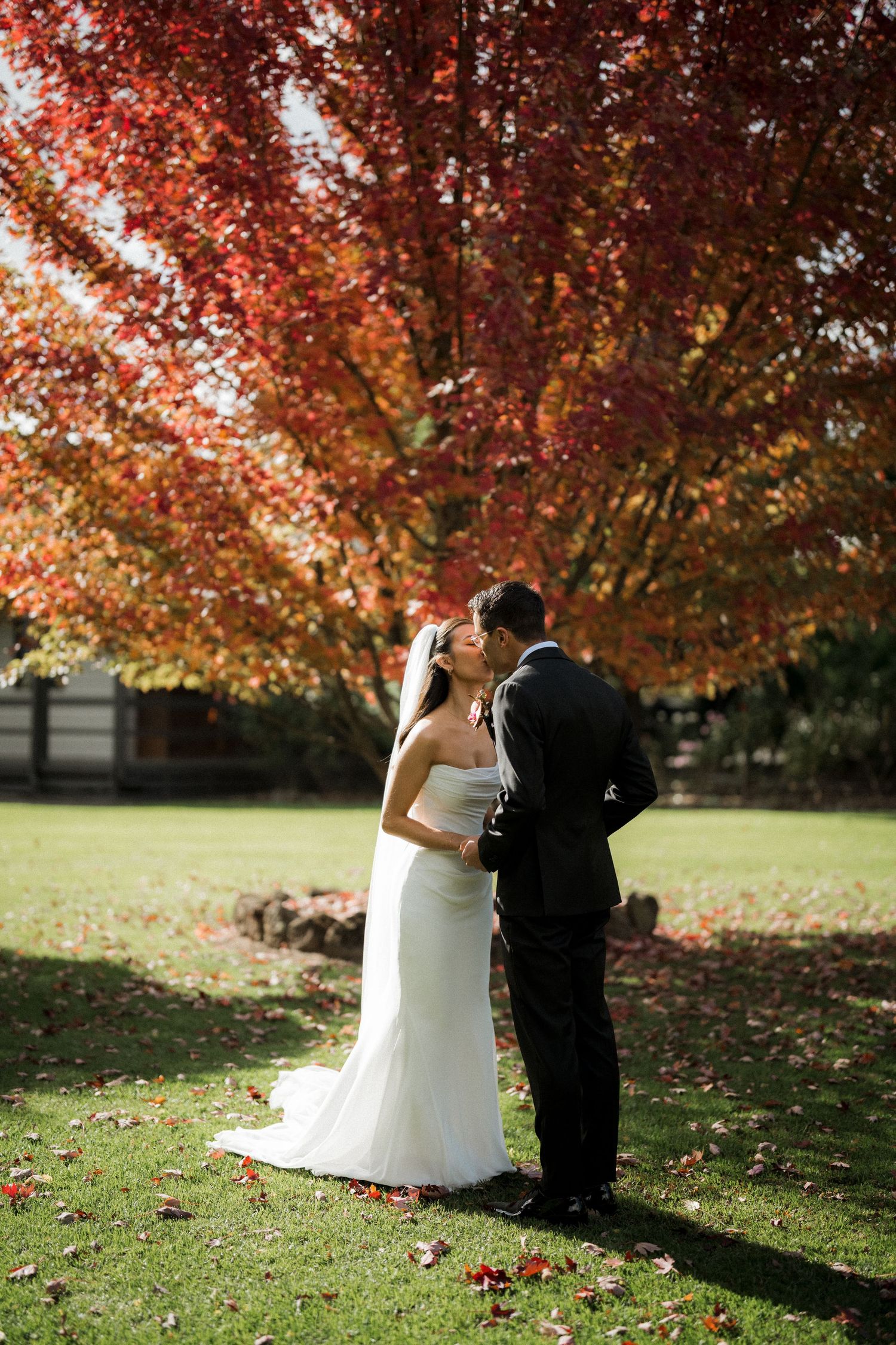 Bride and groom share a romantic kiss beneath a stunning red autumn tree on their wedding day.