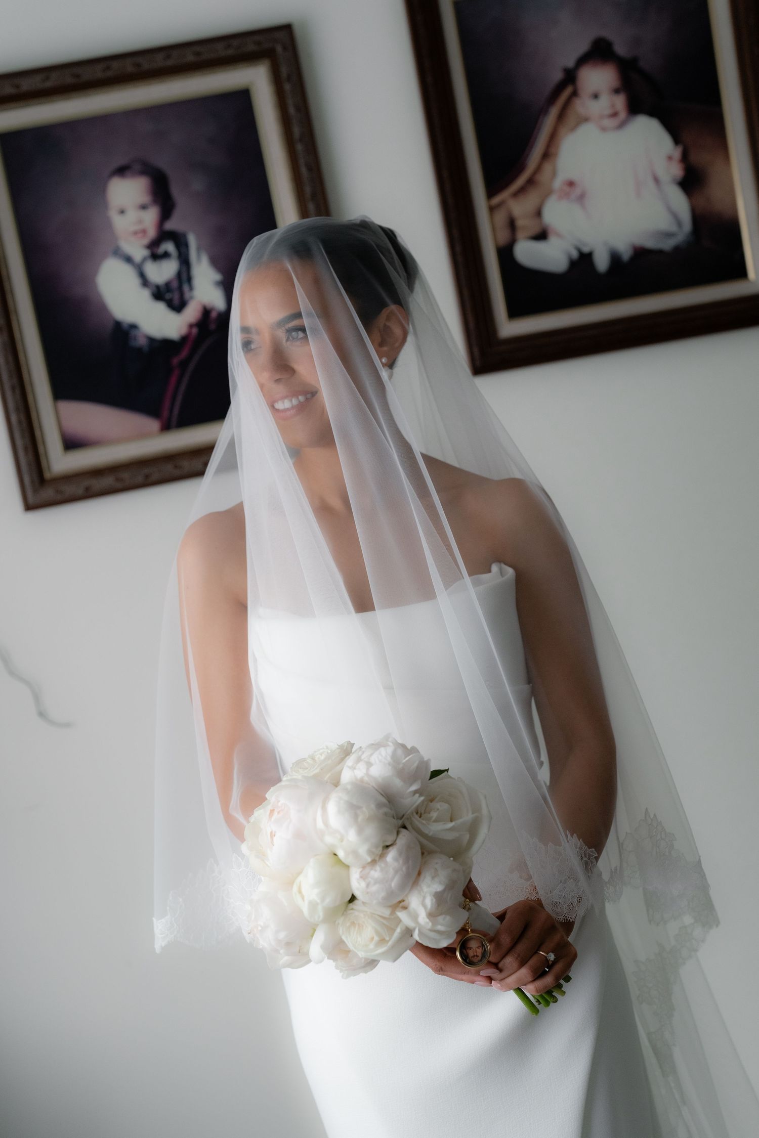 Series of elegant bridal portraits showing white bouquet and flowing veil against light background.