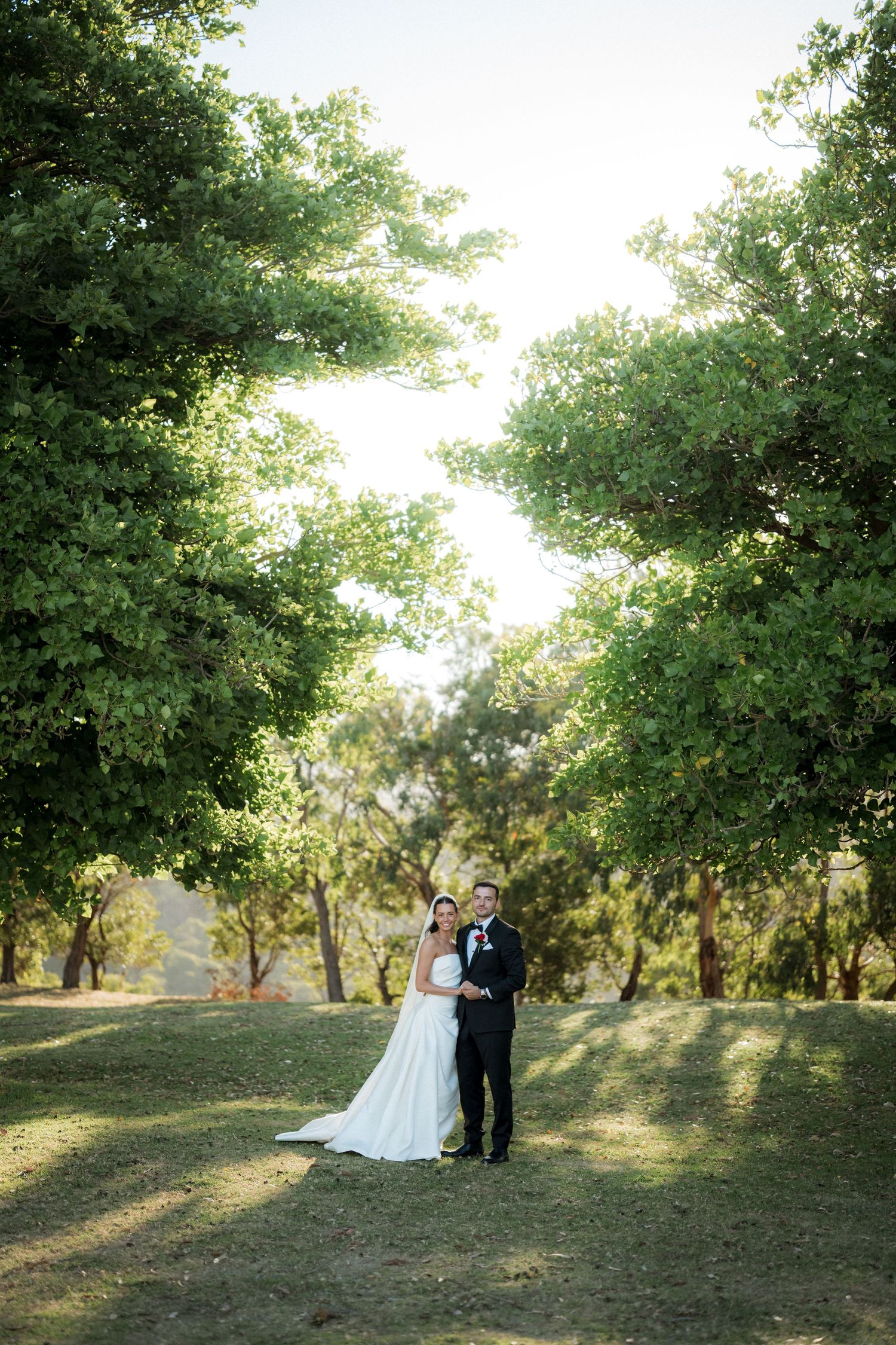 Newlywed couple poses in sunlit orchard with trees creating romantic natural backdrop during golden hour photography session.