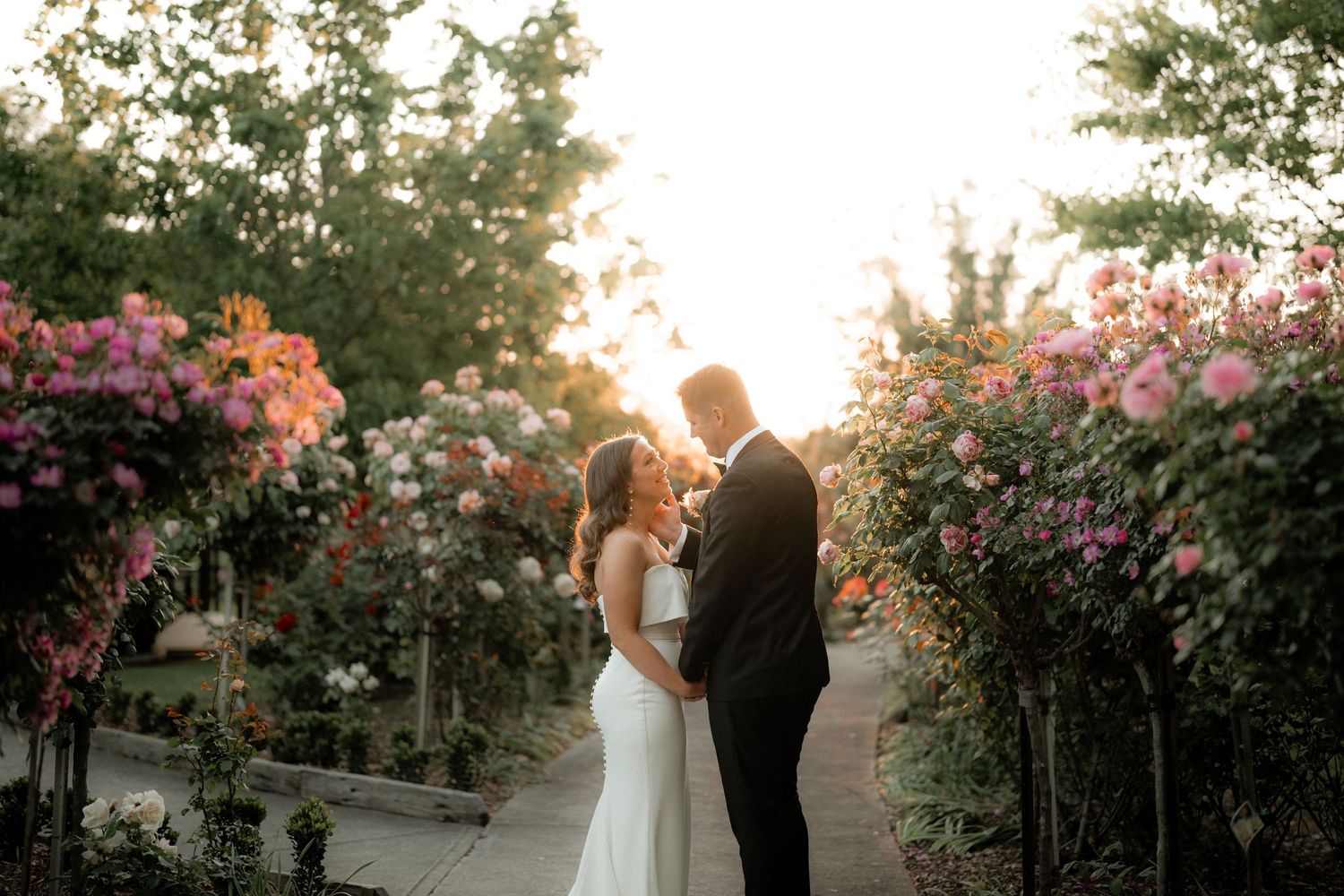 Romantic sunset portrait of newlyweds surrounded by blooming rose gardens.