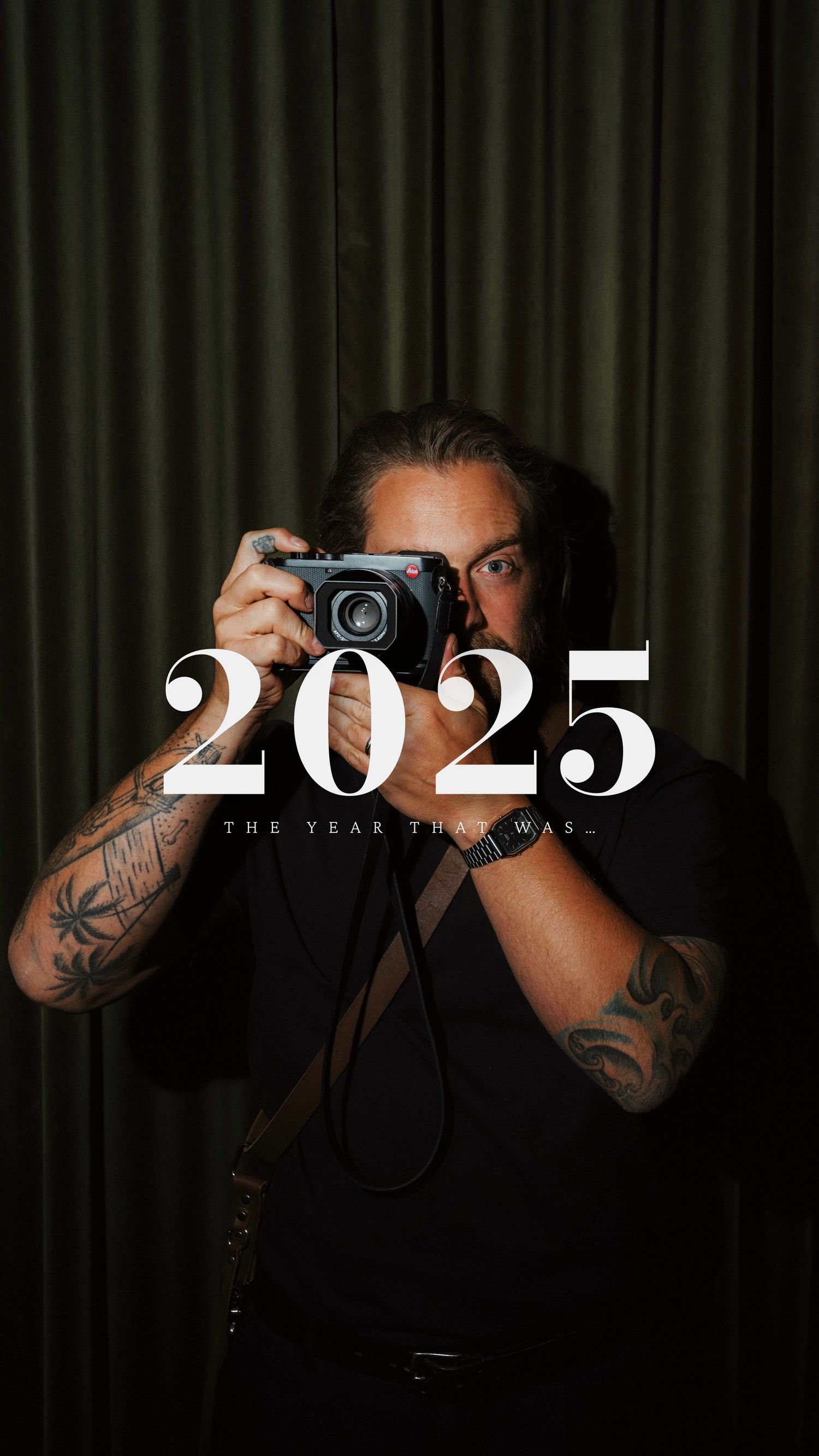 A series of dark artistic photographs showing a photographer with tattoos holding a camera in dramatic lighting.