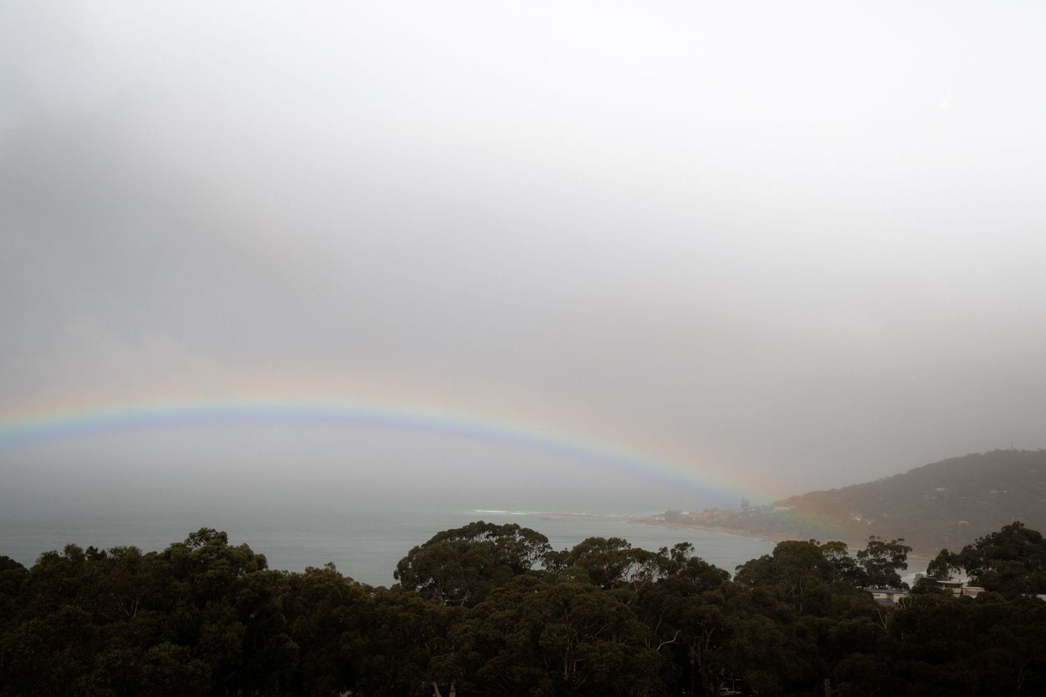 A double rainbow arches over a misty forest landscape with dark silhouettes of trees against a cloudy gray sky.