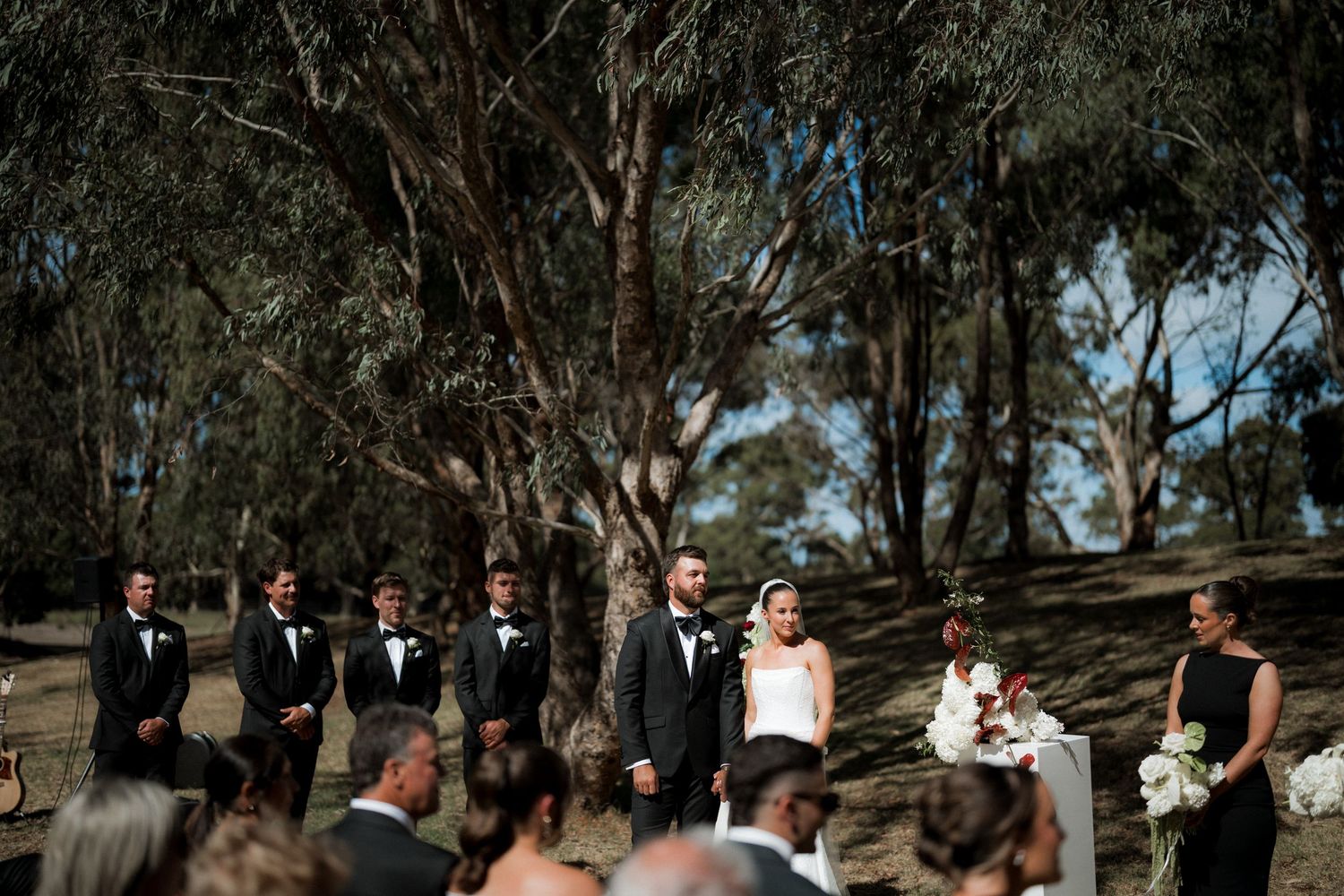 Outdoor wedding ceremony with groom and groomsmen in black tuxedos standing before guests amid eucalyptus trees.