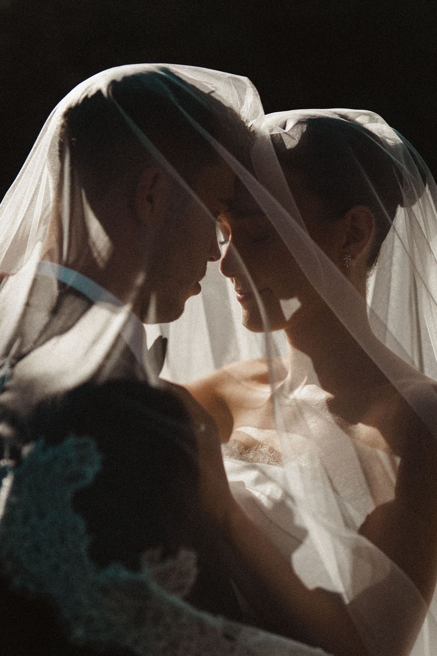 A bride and groom share an intimate moment under a flowing wedding veil, foreheads touching in soft backlit light.