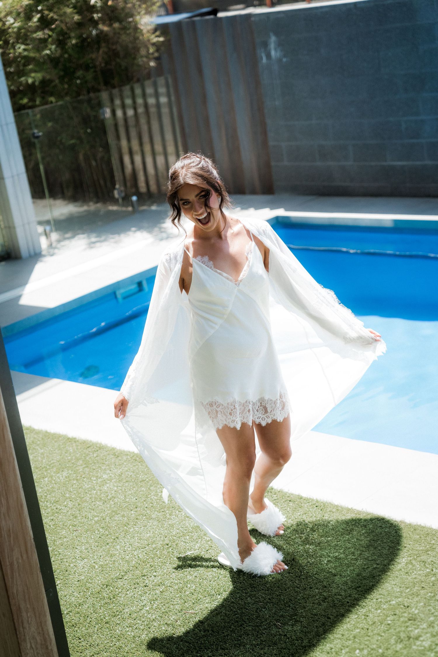 A sequence of photos showing a white dress flowing in the sunlight near a swimming pool.
