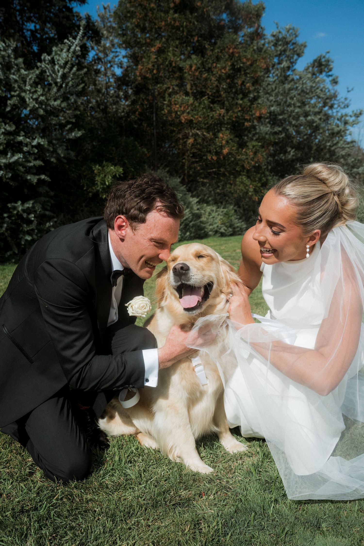 Newlyweds share a joyful moment with their golden retriever on green grass.