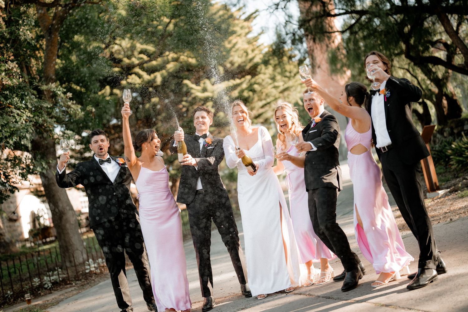 A joyful wedding party celebrates outdoors in formal attire with bridesmaids in pink dresses.
