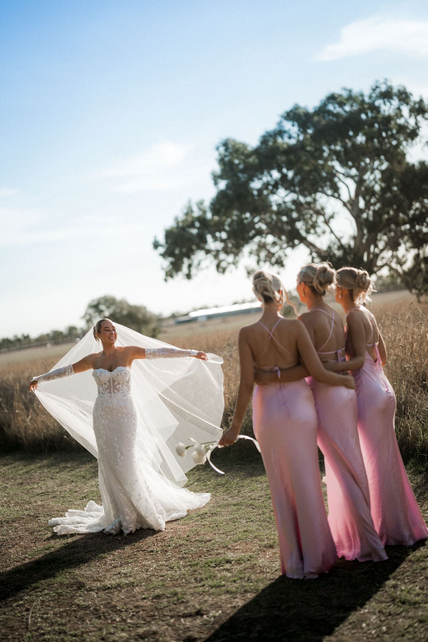 Bridesmaids in pink dresses admire bride's flowing veil against natural outdoor backdrop.