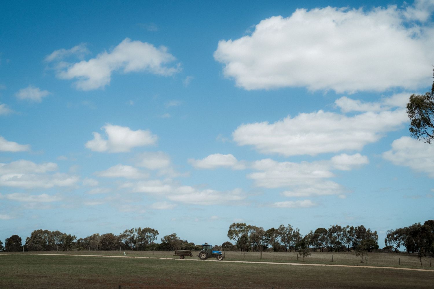 A scenic panoramic view of rolling green hills and farmland under a bright blue sky with puffy white clouds.
