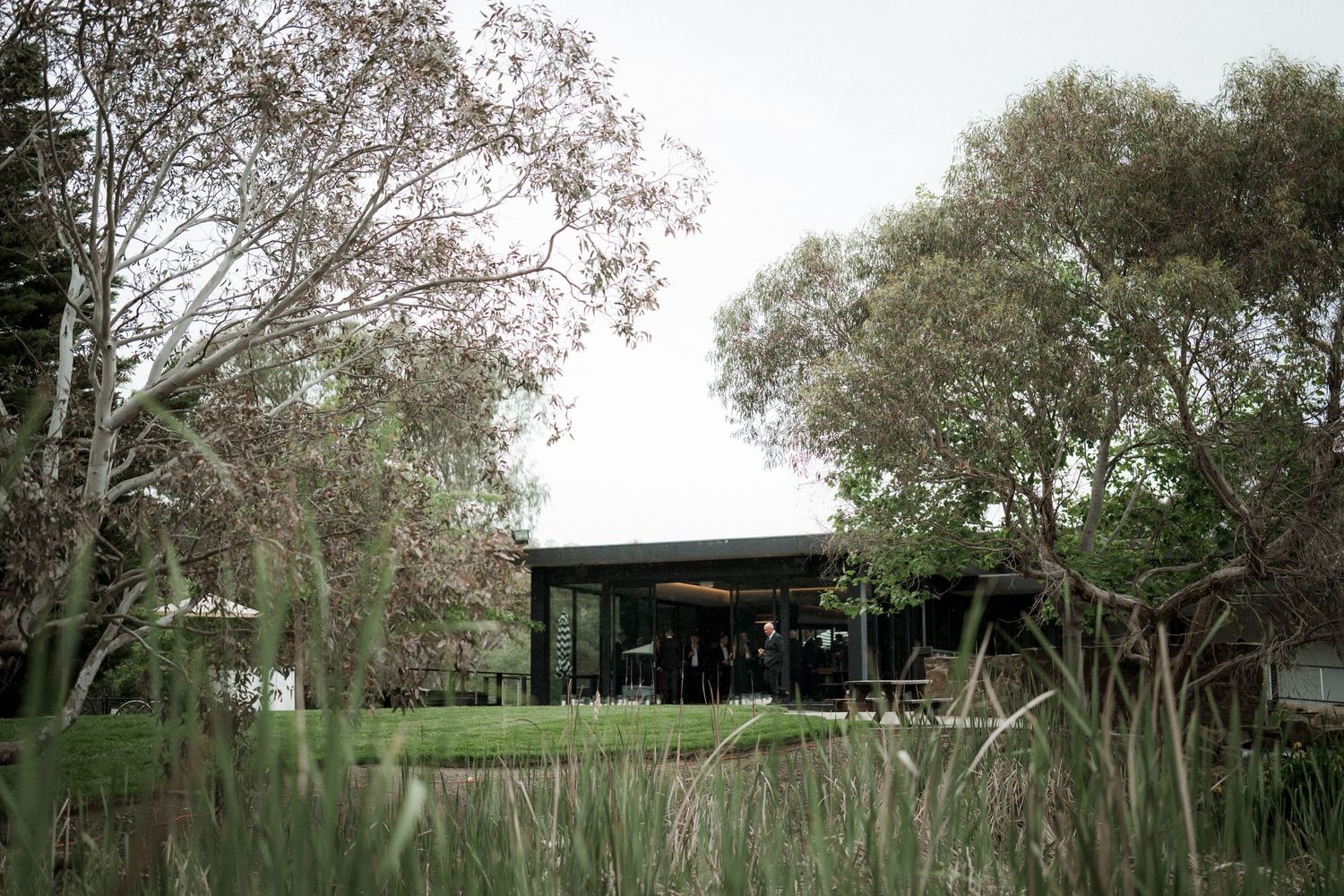 Modern glass pavilion building nestled among lush green trees and natural landscape on an overcast day.