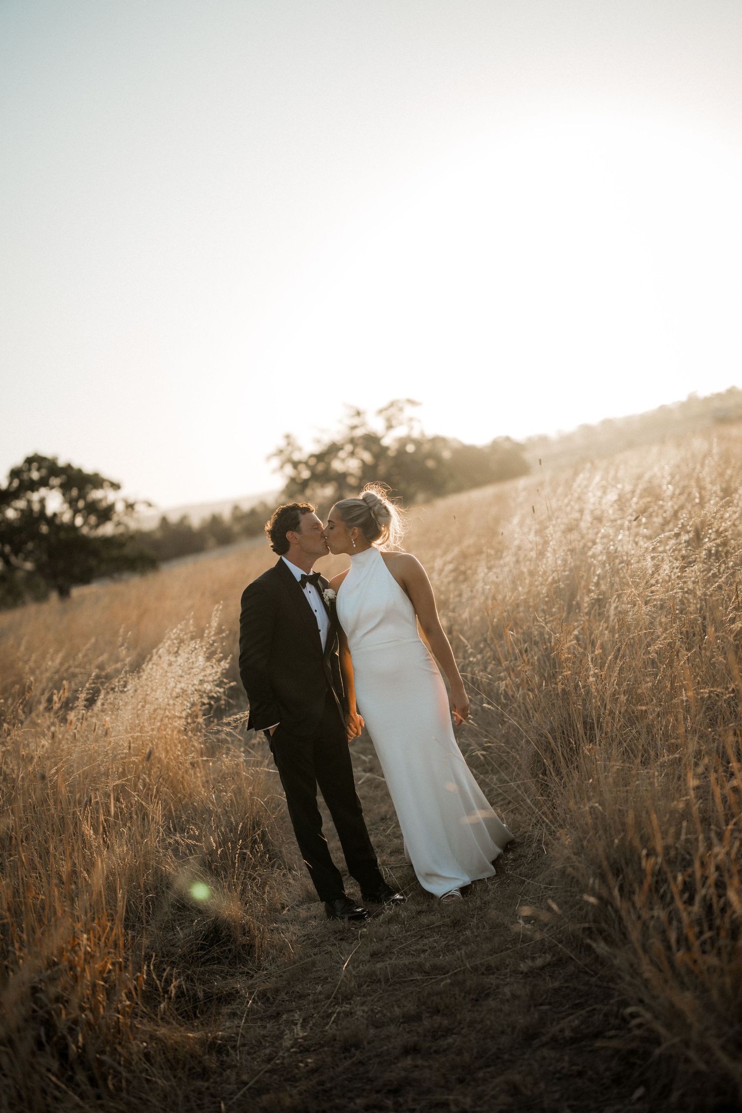 A couple shares an intimate moment in a sunlit field during golden hour.