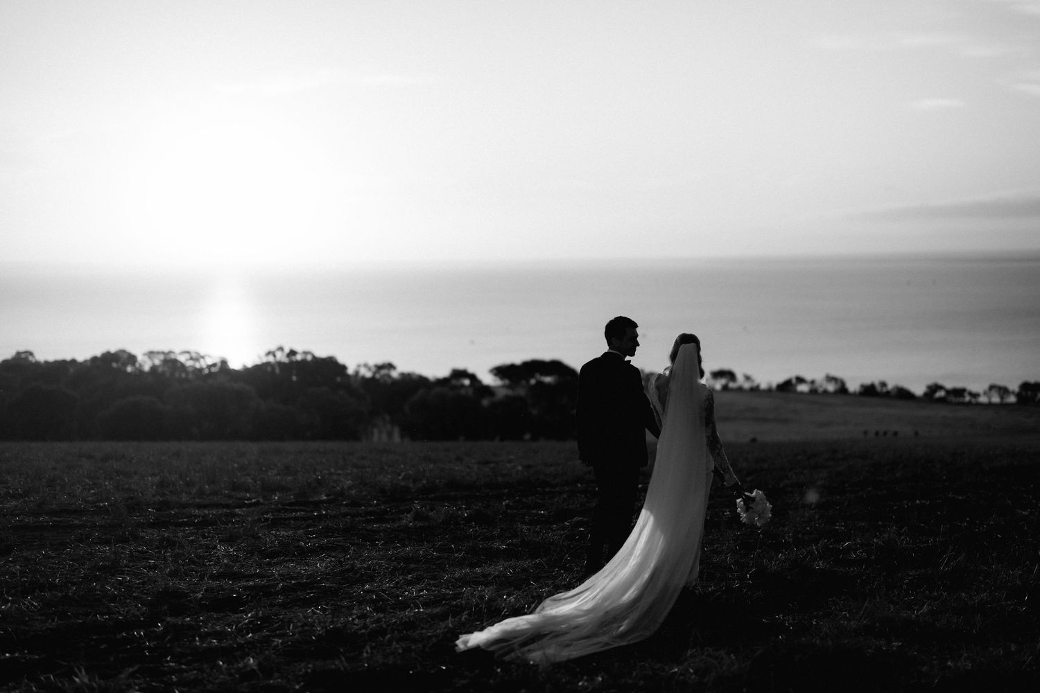 Silhouetted newlyweds stand in a field against a dramatic sunset sky.