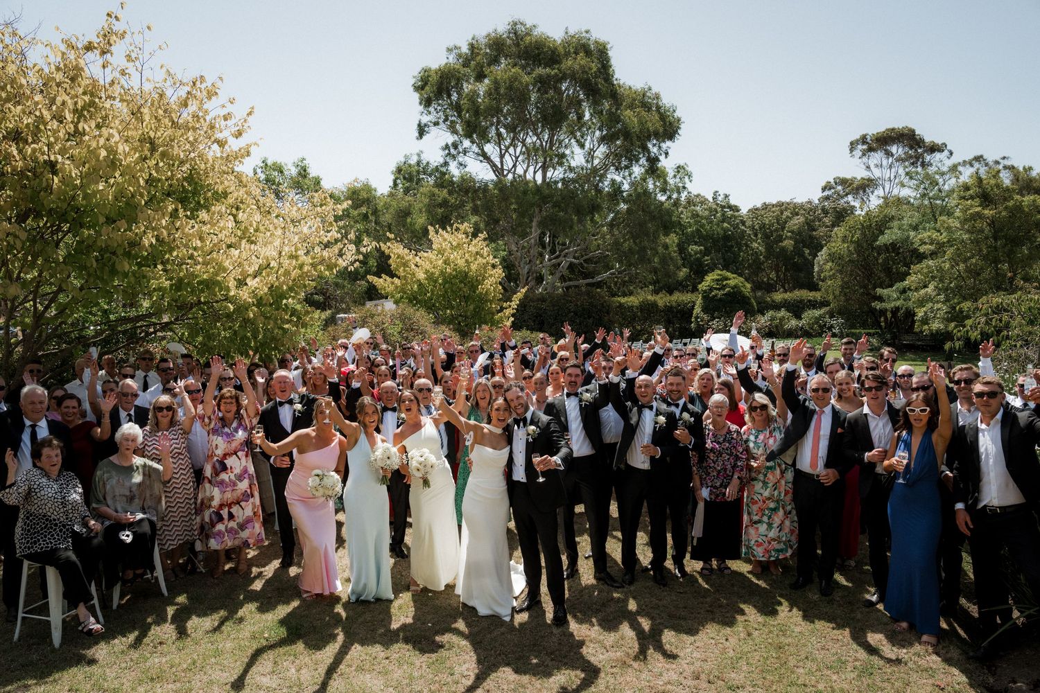 Large wedding party and guests gathered outdoors for a group photo under trees on a sunny day.
