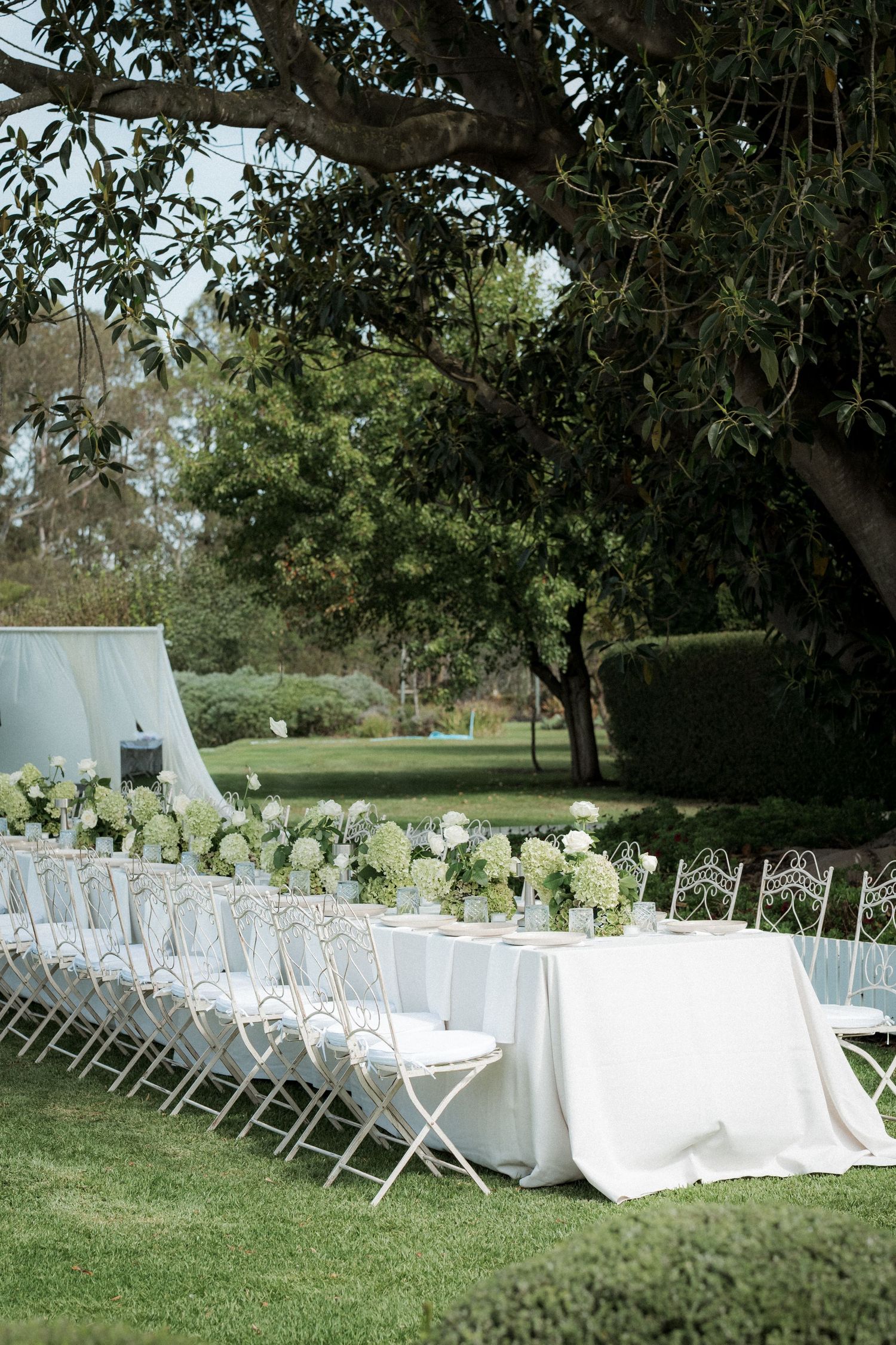 Elegant outdoor wedding ceremony setup with white chairs and floral arrangements under trees.