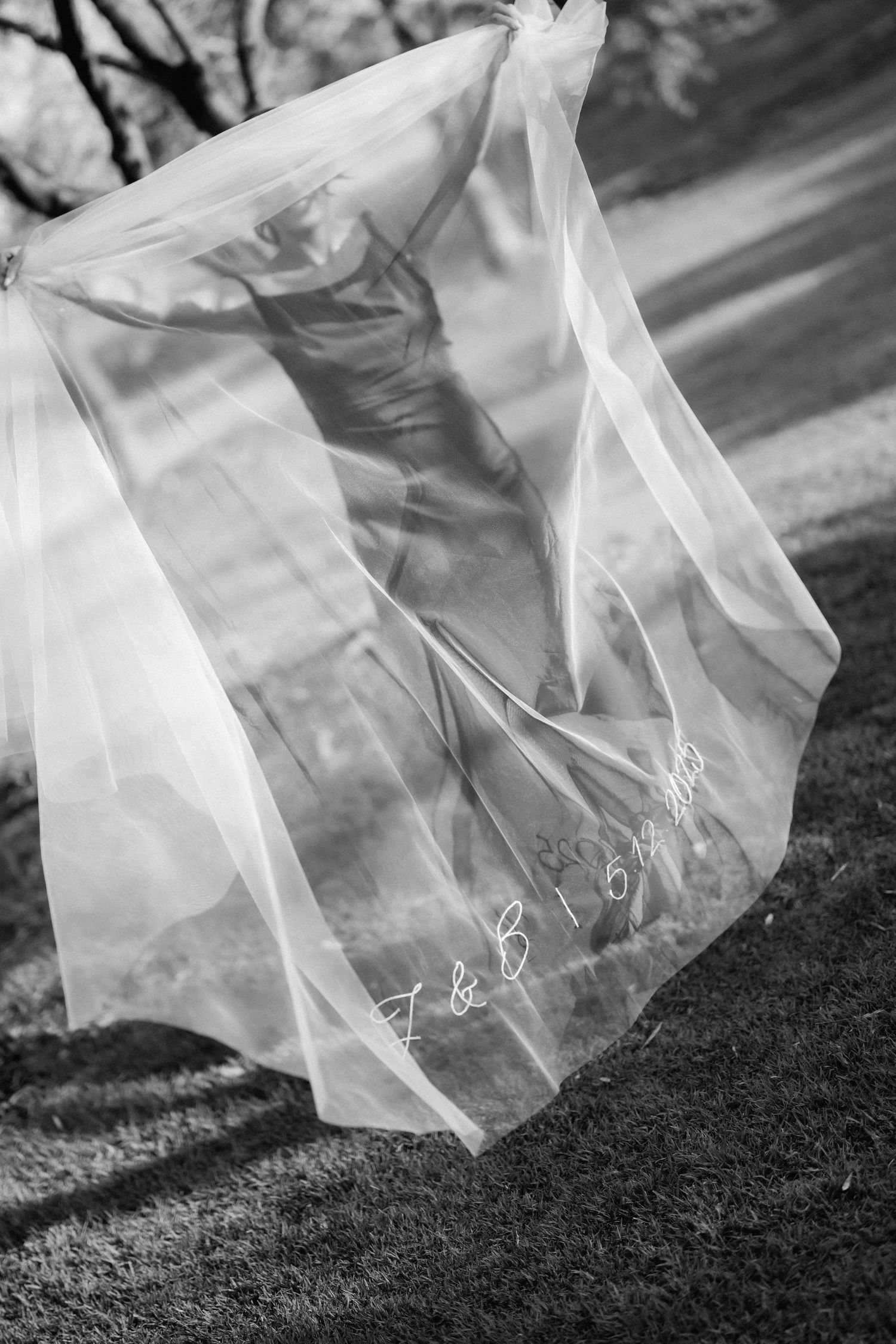 Delicate white wedding veil with embroidered details blows in the wind against a natural backdrop.