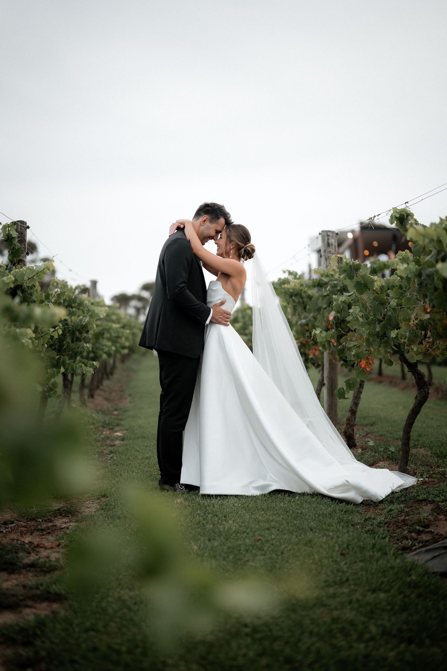 Romantic wedding portrait of couple embracing in a lush vineyard setting with soft lighting.