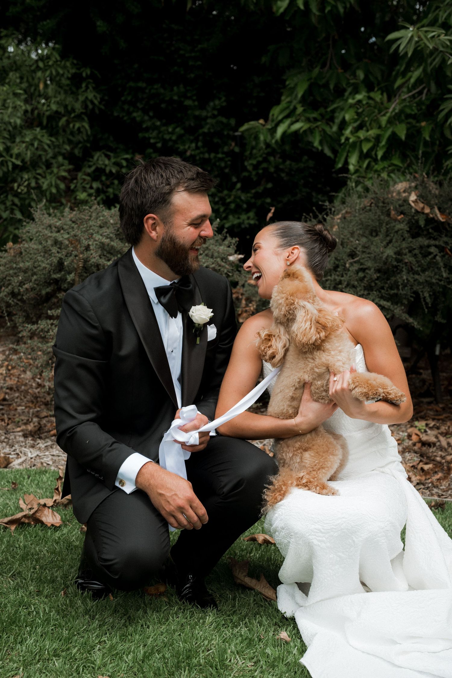 Laughing bride and groom in wedding attire crouching on grass with an adorable fluffy golden puppy.