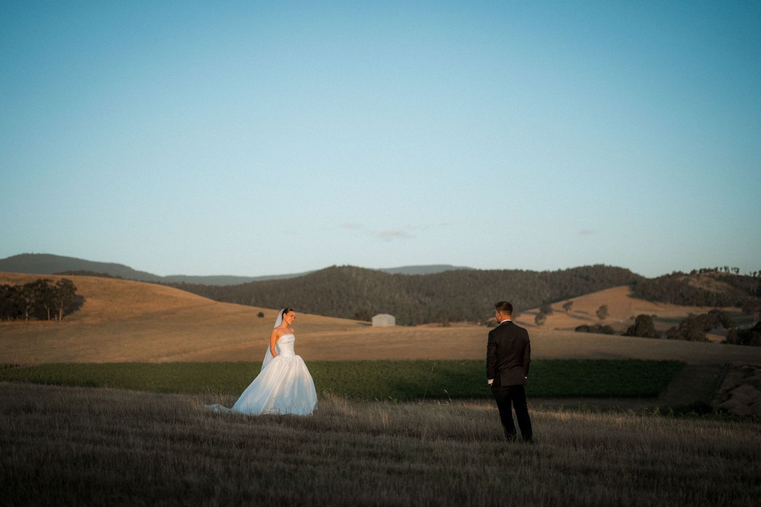 Bride and groom stand in golden field with rolling hills at sunset during outdoor wedding photo session.