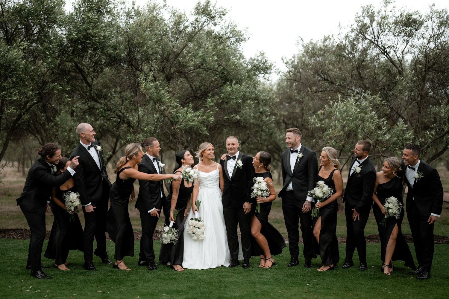 Wedding party in formal attire poses playfully among olive trees during outdoor celebration.