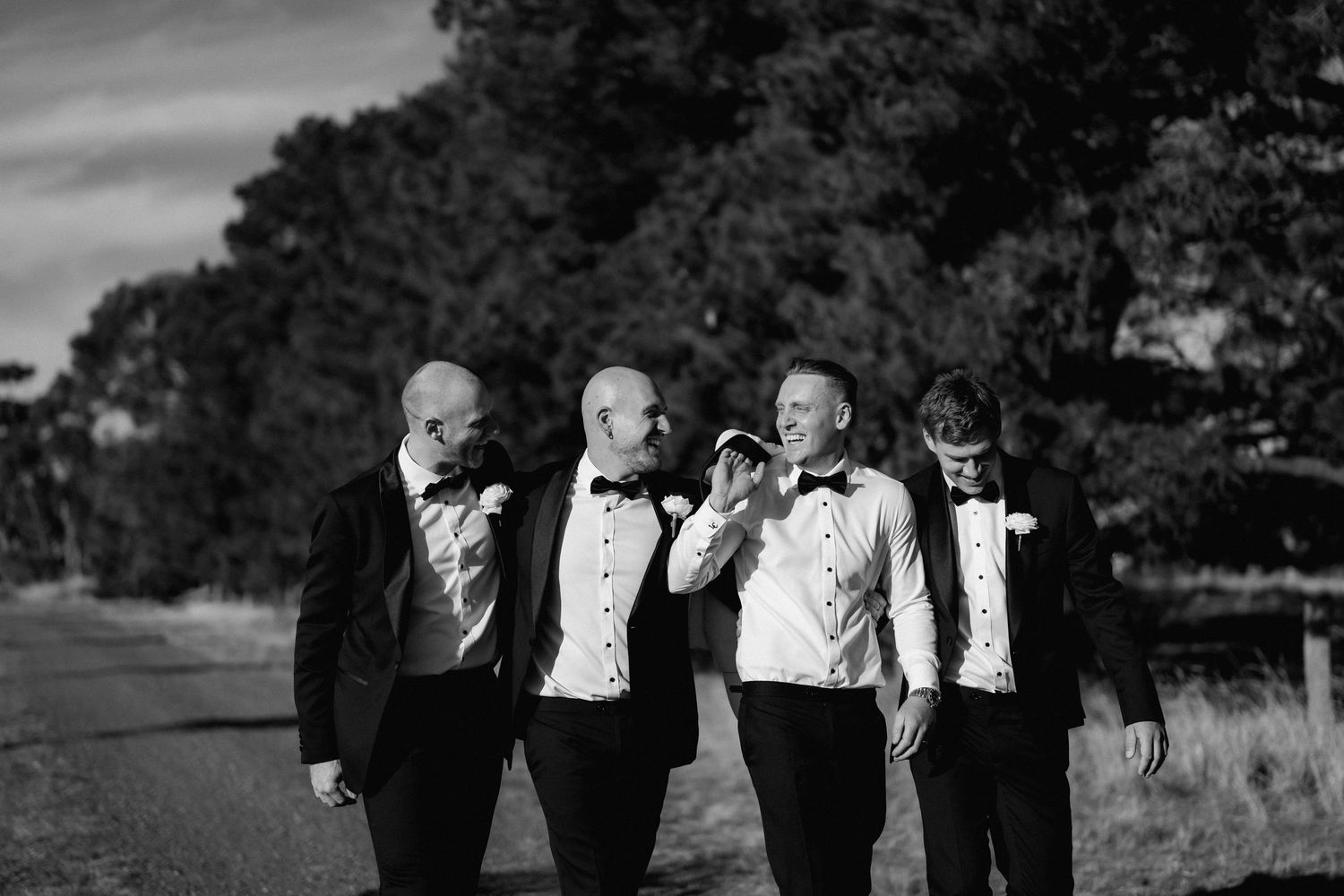 A black and white panoramic photo showing a wedding party in formal attire posing outdoors.