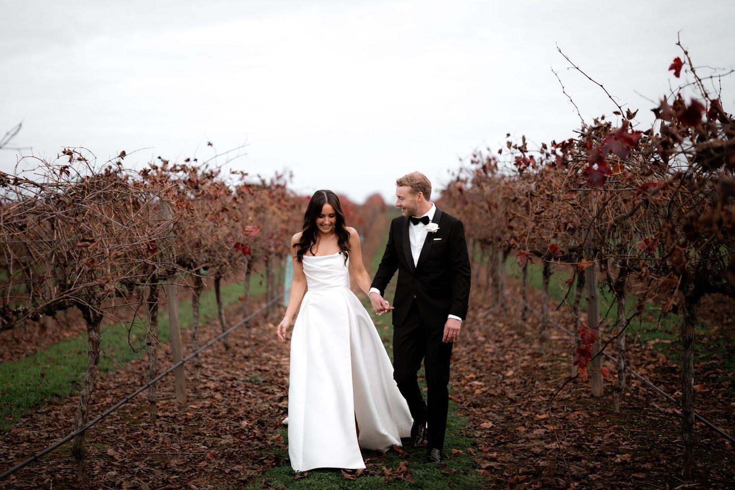 Newlyweds walk hand in hand through a dormant vineyard on their wedding day.