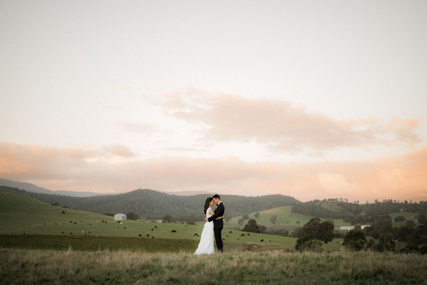 Bride and groom share a romantic sunset kiss in a vast green countryside landscape with rolling hills.