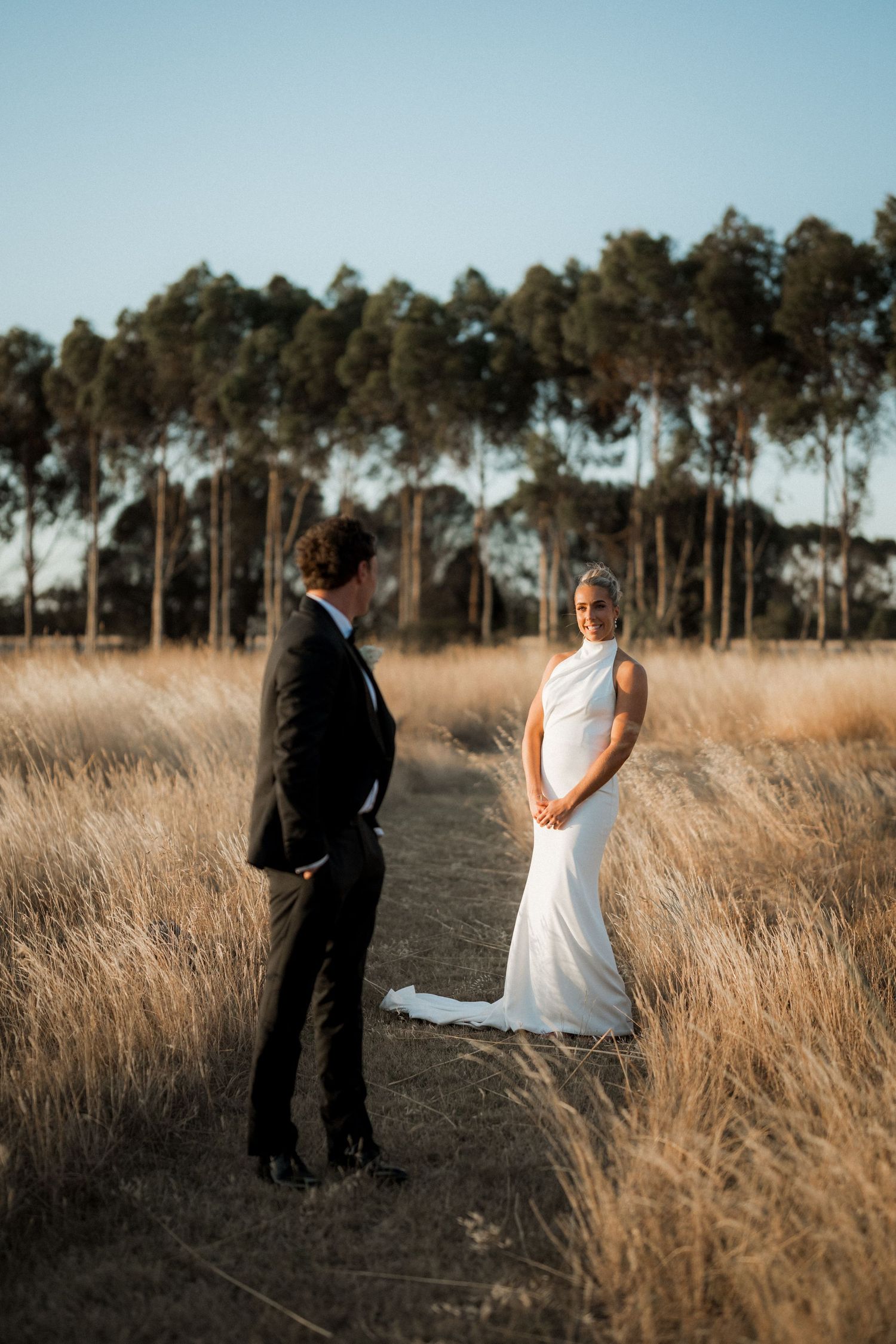 Couple standing in golden field with eucalyptus trees during sunset wedding photoshoot.